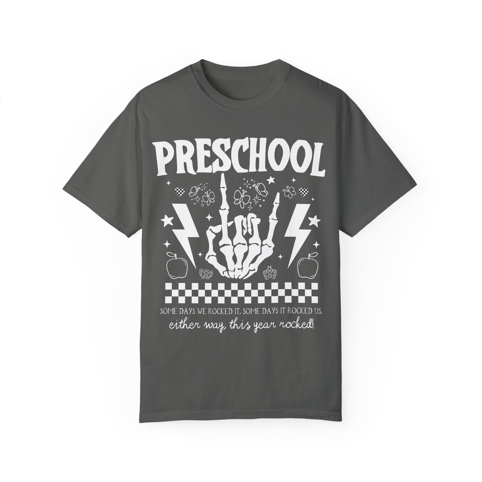 Preschool Last Day of School Tee Shirt: This Year Rocked! Funny Rocker Skeleton Shirt for Preschool Teachers and Staff, Rocking School Tee - Opal and June