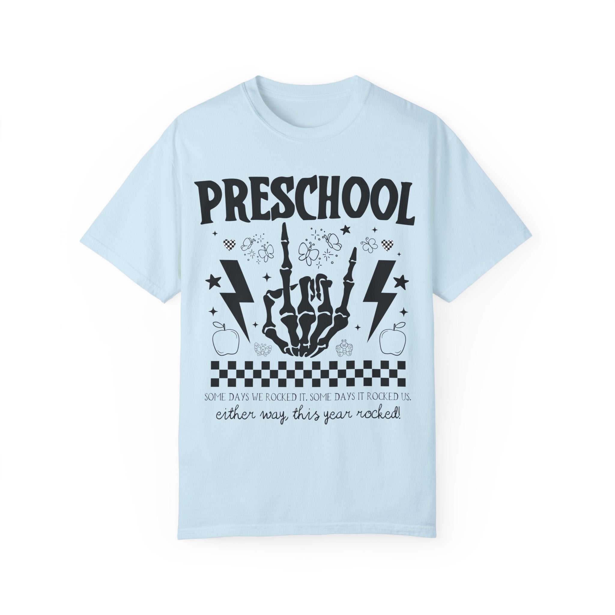 Preschool Last Day of School Tee Shirt: This Year Rocked! Funny Rocker Skeleton Shirt for Preschool Teachers and Staff, Rocking School Tee - Opal and June