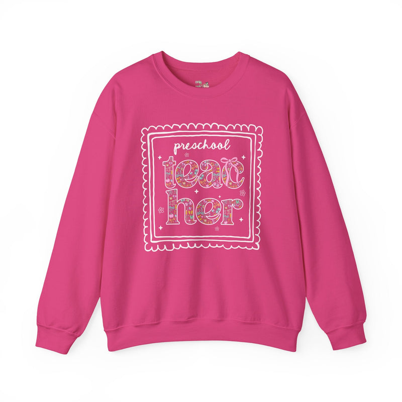 Preschool Teacher Sweatshirt for Back to School, Cute Floral Matching Preschool Crew T-Shirt with Bow and Cute Nineties Aesthetic Doodles - Opal and June