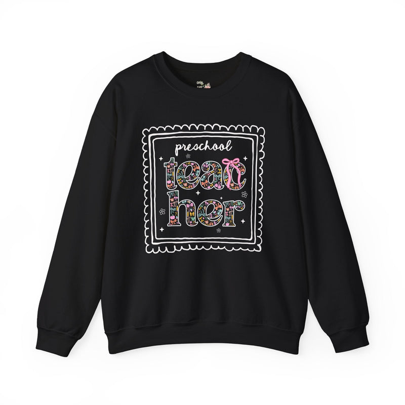 Preschool Teacher Sweatshirt for Back to School, Cute Floral Matching Preschool Crew T-Shirt with Bow and Cute Nineties Aesthetic Doodles - Opal and June