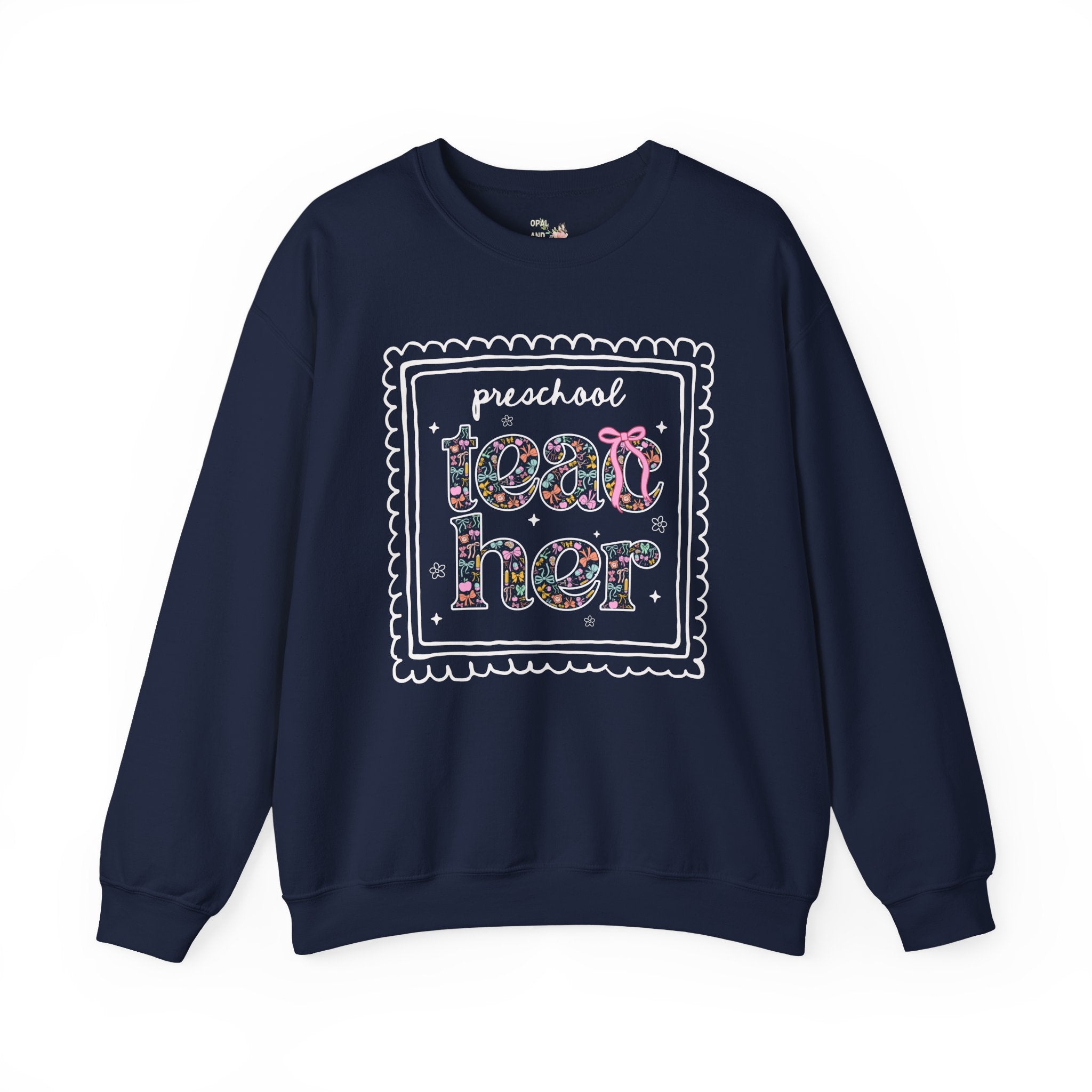 Preschool Teacher Sweatshirt for Back to School, Cute Floral Matching Preschool Crew T-Shirt with Bow and Cute Nineties Aesthetic Doodles - Opal and June