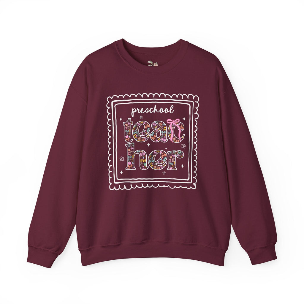 Preschool Teacher Sweatshirt for Back to School, Cute Floral Matching Preschool Crew T-Shirt with Bow and Cute Nineties Aesthetic Doodles - Opal and June