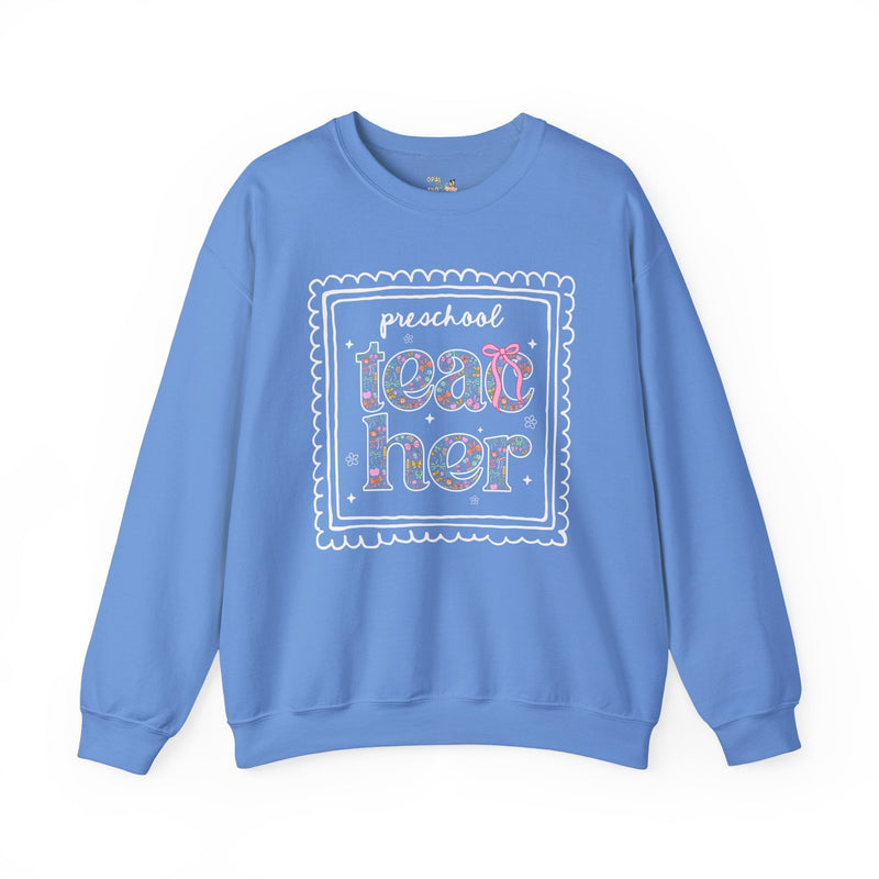 Preschool Teacher Sweatshirt for Back to School, Cute Floral Matching Preschool Crew T-Shirt with Bow and Cute Nineties Aesthetic Doodles - Opal and June