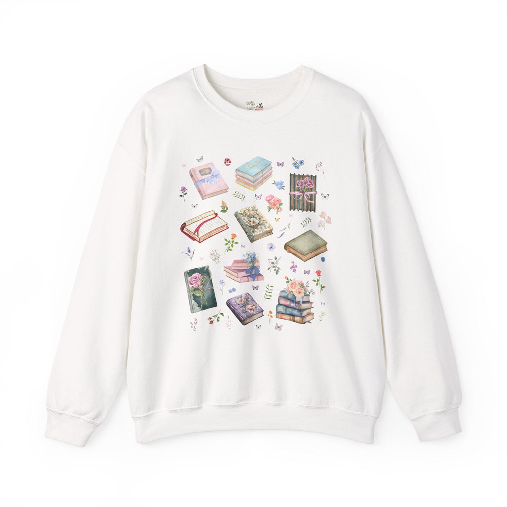 Pressed Flower Aesthetic Bookish Sweatshirt with Colorful Botanical Books and Vintage Wildflowers, Book Lover Romance Reader, Bookworm Gift - Opal and June