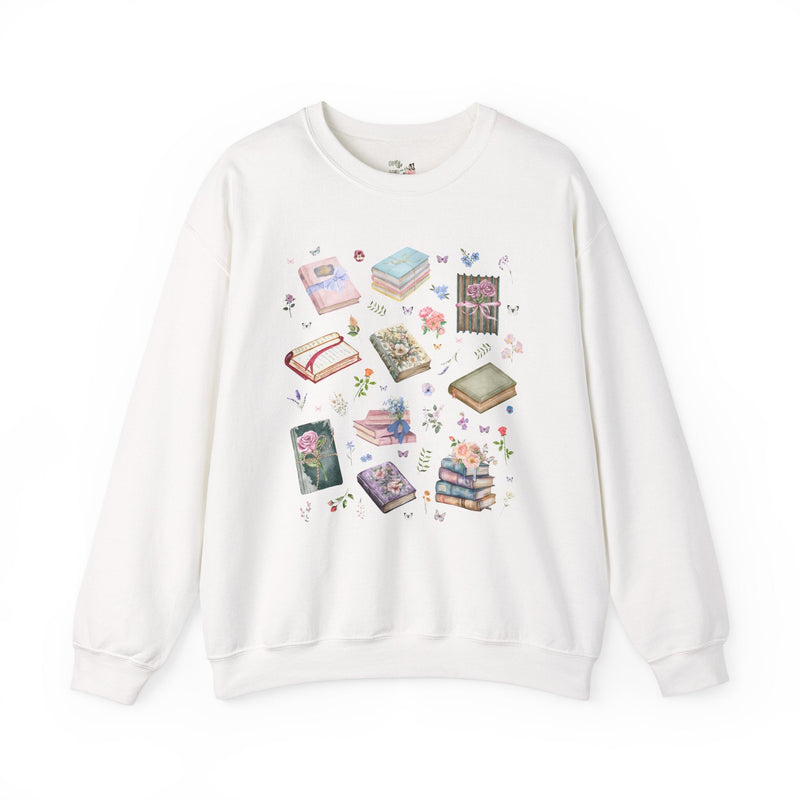 Pressed Flower Aesthetic Bookish Sweatshirt with Colorful Botanical Books and Vintage Wildflowers, Book Lover Romance Reader, Bookworm Gift - Opal and June
