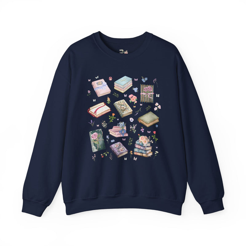 Pressed Flower Aesthetic Bookish Sweatshirt with Colorful Botanical Books and Vintage Wildflowers, Book Lover Romance Reader, Bookworm Gift - Opal and June