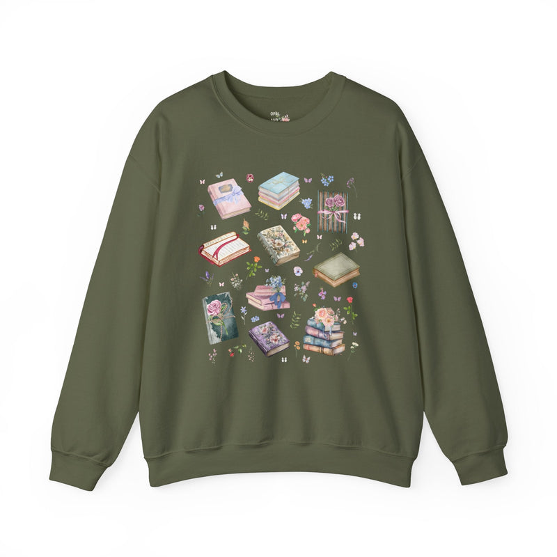 Pressed Flower Aesthetic Bookish Sweatshirt with Colorful Botanical Books and Vintage Wildflowers, Book Lover Romance Reader, Bookworm Gift - Opal and June