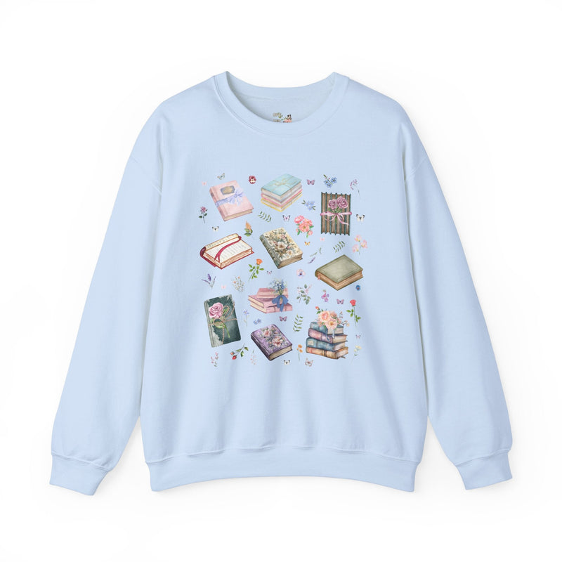 Pressed Flower Aesthetic Bookish Sweatshirt with Colorful Botanical Books and Vintage Wildflowers, Book Lover Romance Reader, Bookworm Gift - Opal and June
