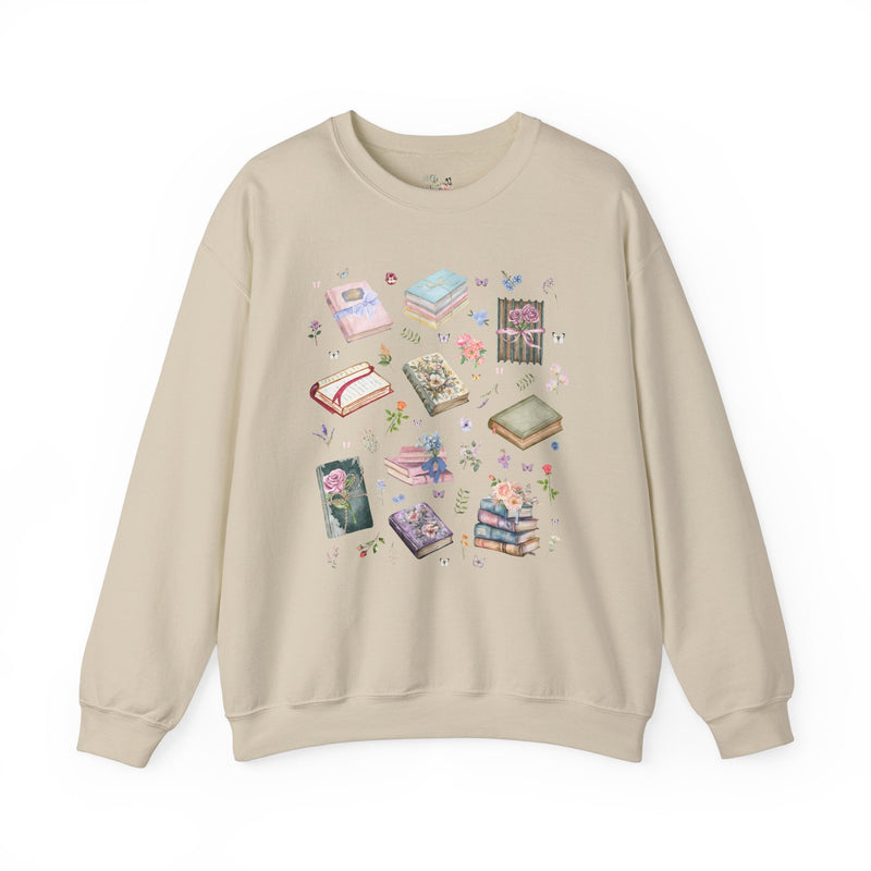 Pressed Flower Aesthetic Bookish Sweatshirt with Colorful Botanical Books and Vintage Wildflowers, Book Lover Romance Reader, Bookworm Gift - Opal and June