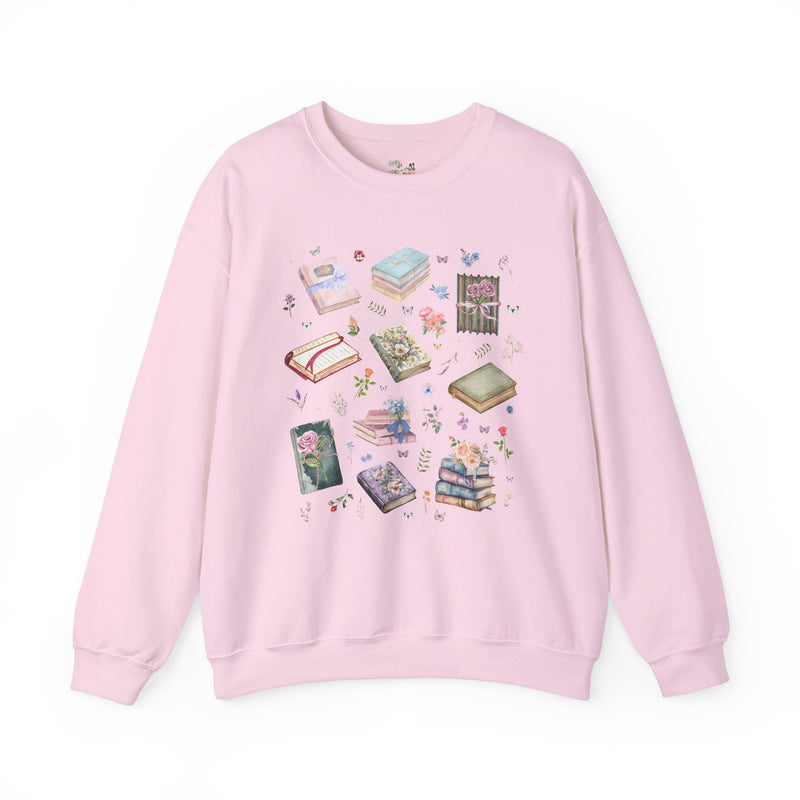 Pressed Flower Aesthetic Bookish Sweatshirt with Colorful Botanical Books and Vintage Wildflowers, Book Lover Romance Reader, Bookworm Gift - Opal and June