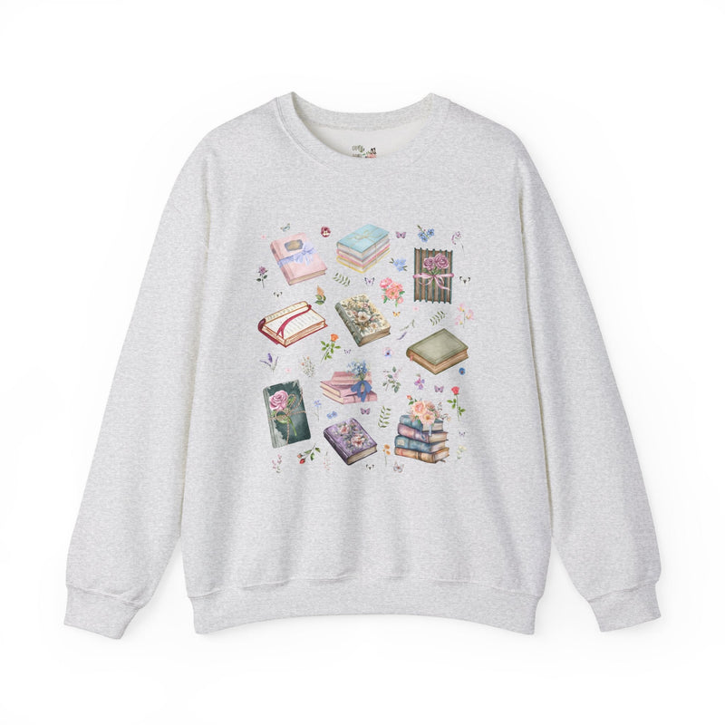 Pressed Flower Aesthetic Bookish Sweatshirt with Colorful Botanical Books and Vintage Wildflowers, Book Lover Romance Reader, Bookworm Gift - Opal and June
