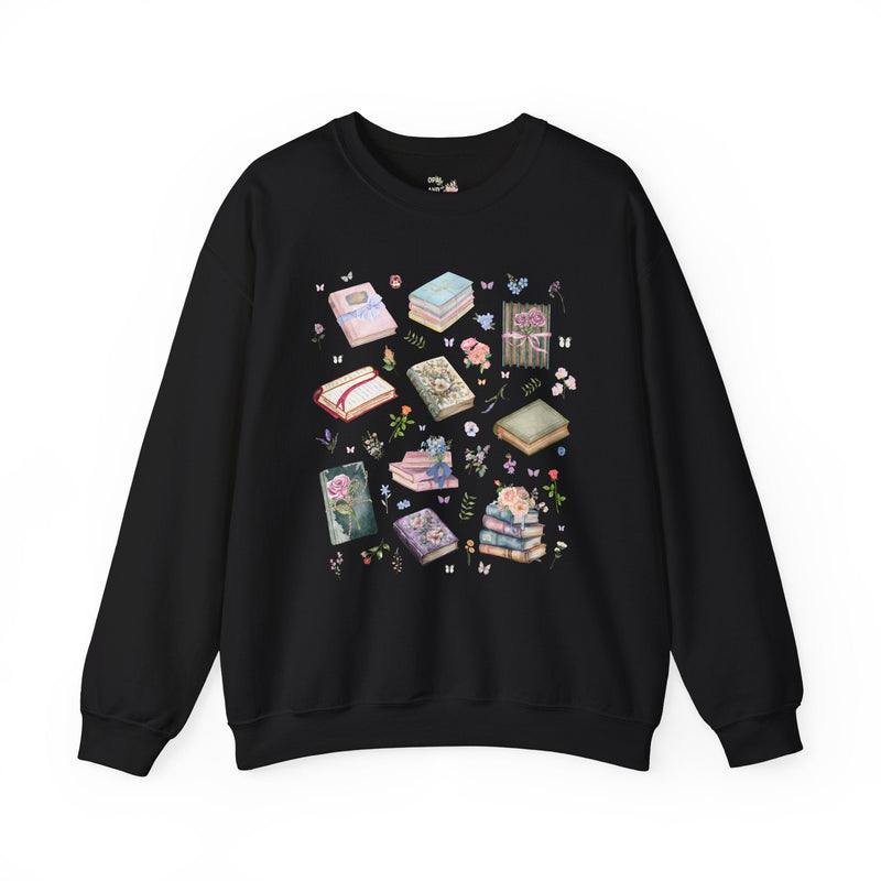 Pressed Flower Aesthetic Bookish Sweatshirt with Colorful Botanical Books and Vintage Wildflowers, Book Lover Romance Reader, Bookworm Gift - Opal and June