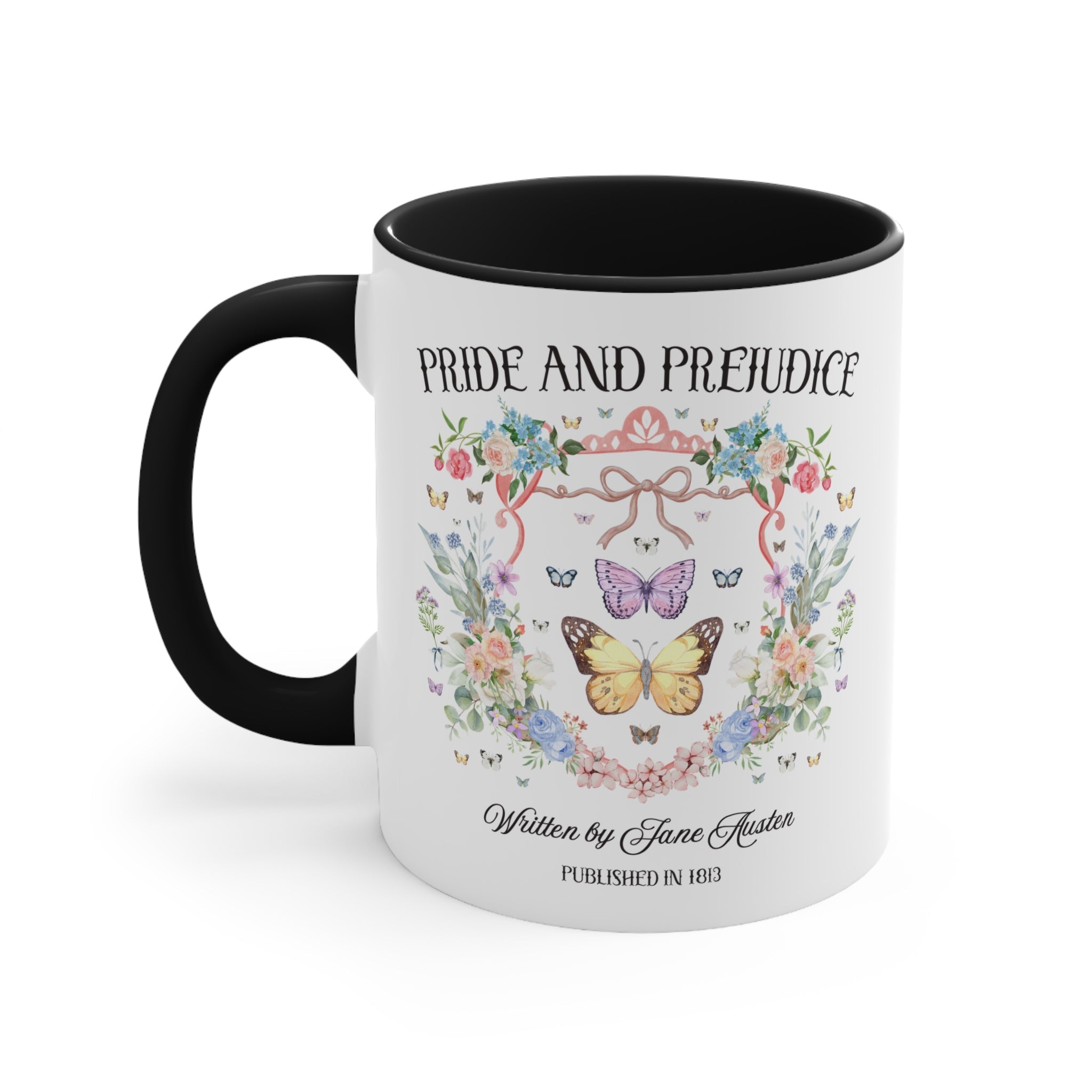 Pride and Prejudice Coffee Mug for Jane Austen Romance Reader, Cute Book Lover Gift Idea, 19th Century Classic Literature Mug with Butterfly - Opal and June