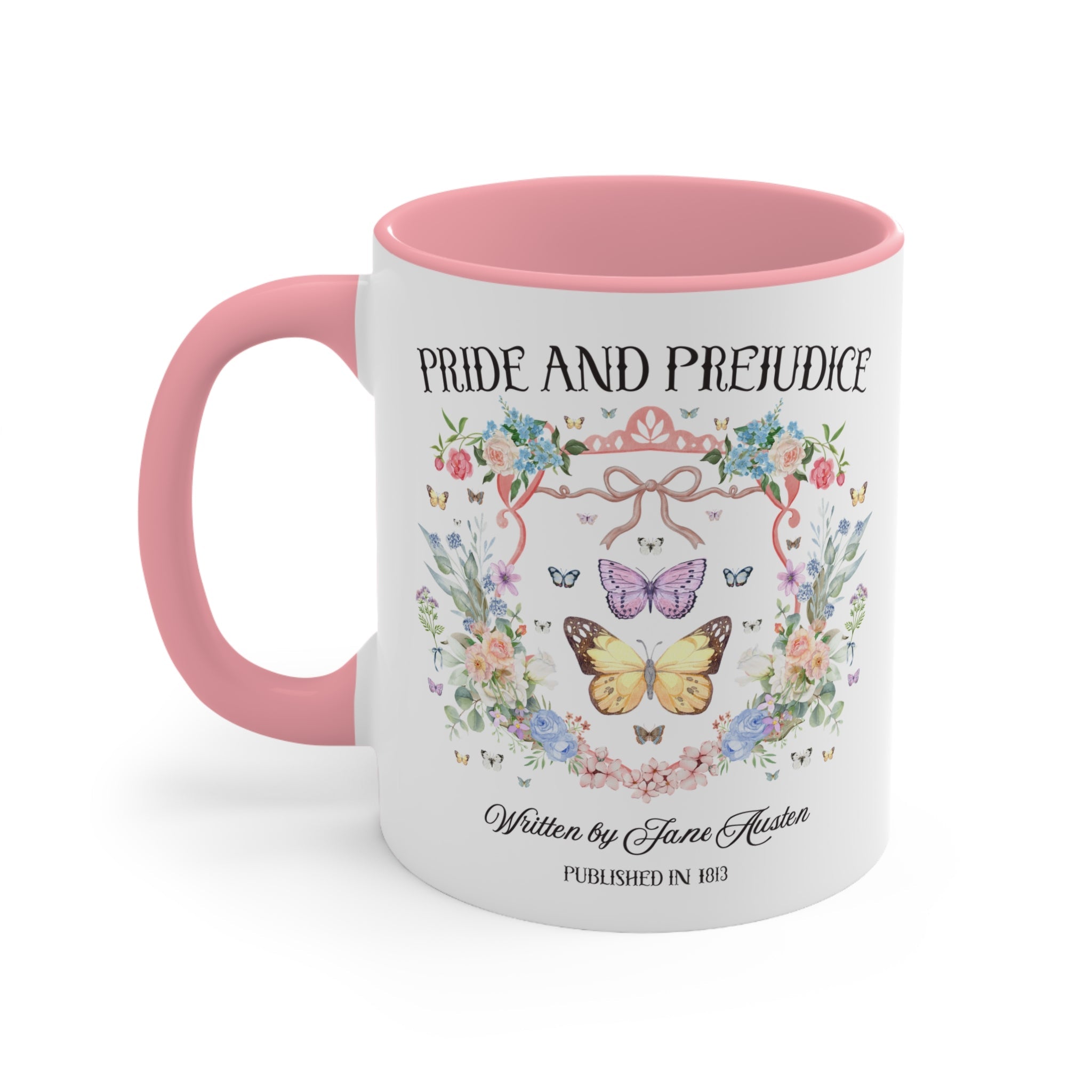 Pride and Prejudice Coffee Mug for Jane Austen Romance Reader, Cute Book Lover Gift Idea, 19th Century Classic Literature Mug with Butterfly - Opal and June
