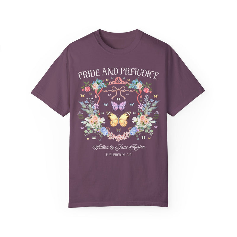 Pride and Prejudice Tee Shirt for Jane Austen Romance Reader, Cute Book Lover Gift Idea, 19th Century Classic Literature Tee with Butterfly - Opal and June