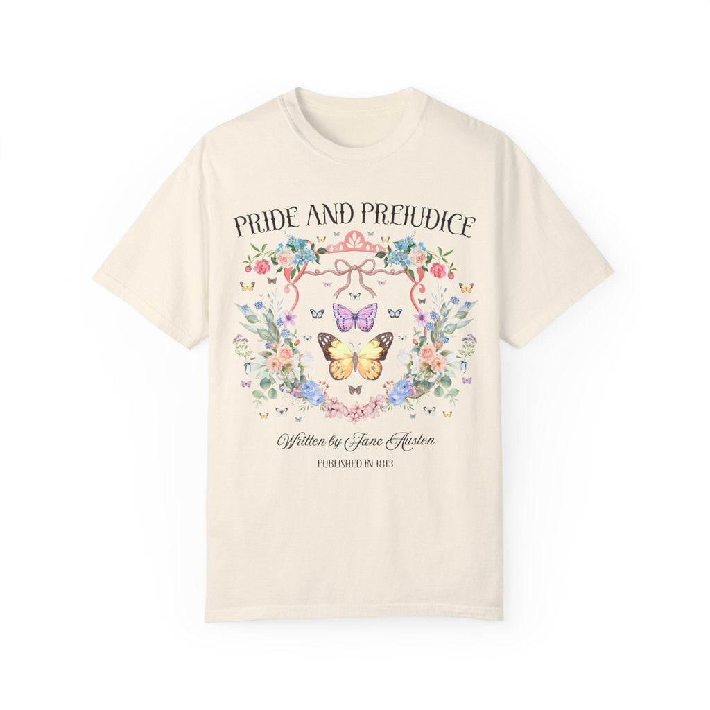 Pride and Prejudice Tee Shirt for Jane Austen Romance Reader, Cute Book Lover Gift Idea, 19th Century Classic Literature Tee with Butterfly - Opal and June