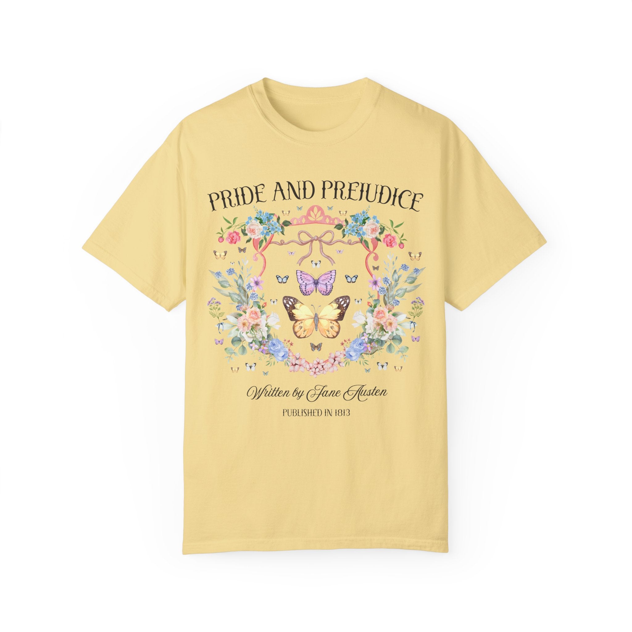 Pride and Prejudice Tee Shirt for Jane Austen Romance Reader, Cute Book Lover Gift Idea, 19th Century Classic Literature Tee with Butterfly - Opal and June