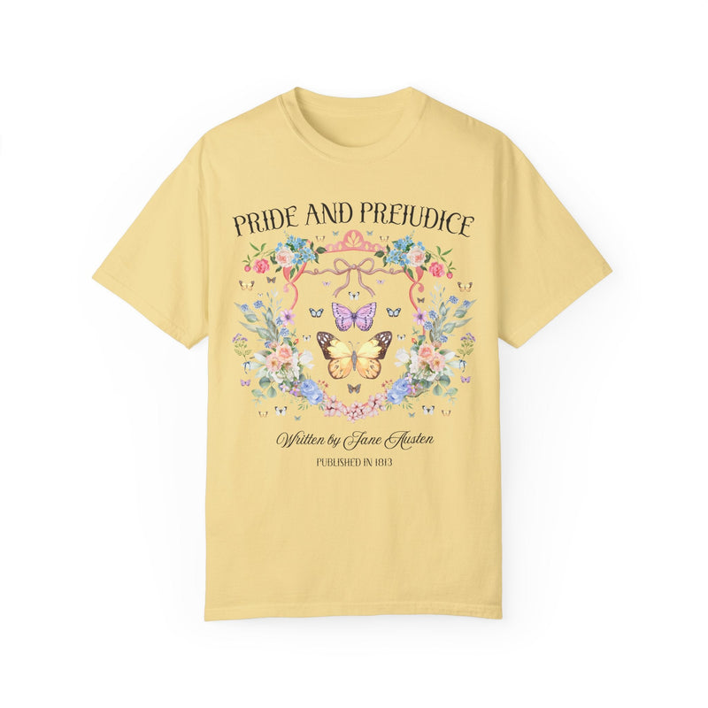 Pride and Prejudice Tee Shirt for Jane Austen Romance Reader, Cute Book Lover Gift Idea, 19th Century Classic Literature Tee with Butterfly - Opal and June