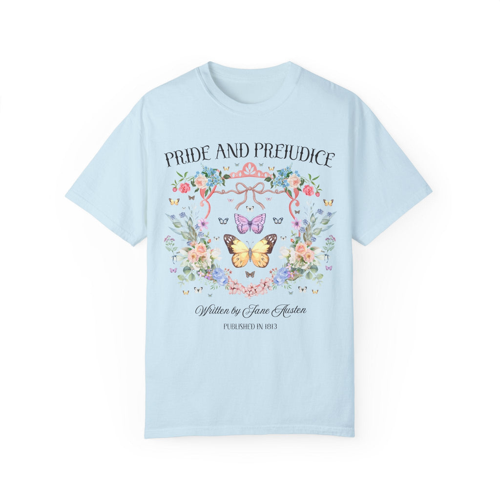 Pride and Prejudice Tee Shirt for Jane Austen Romance Reader, Cute Book Lover Gift Idea, 19th Century Classic Literature Tee with Butterfly - Opal and June