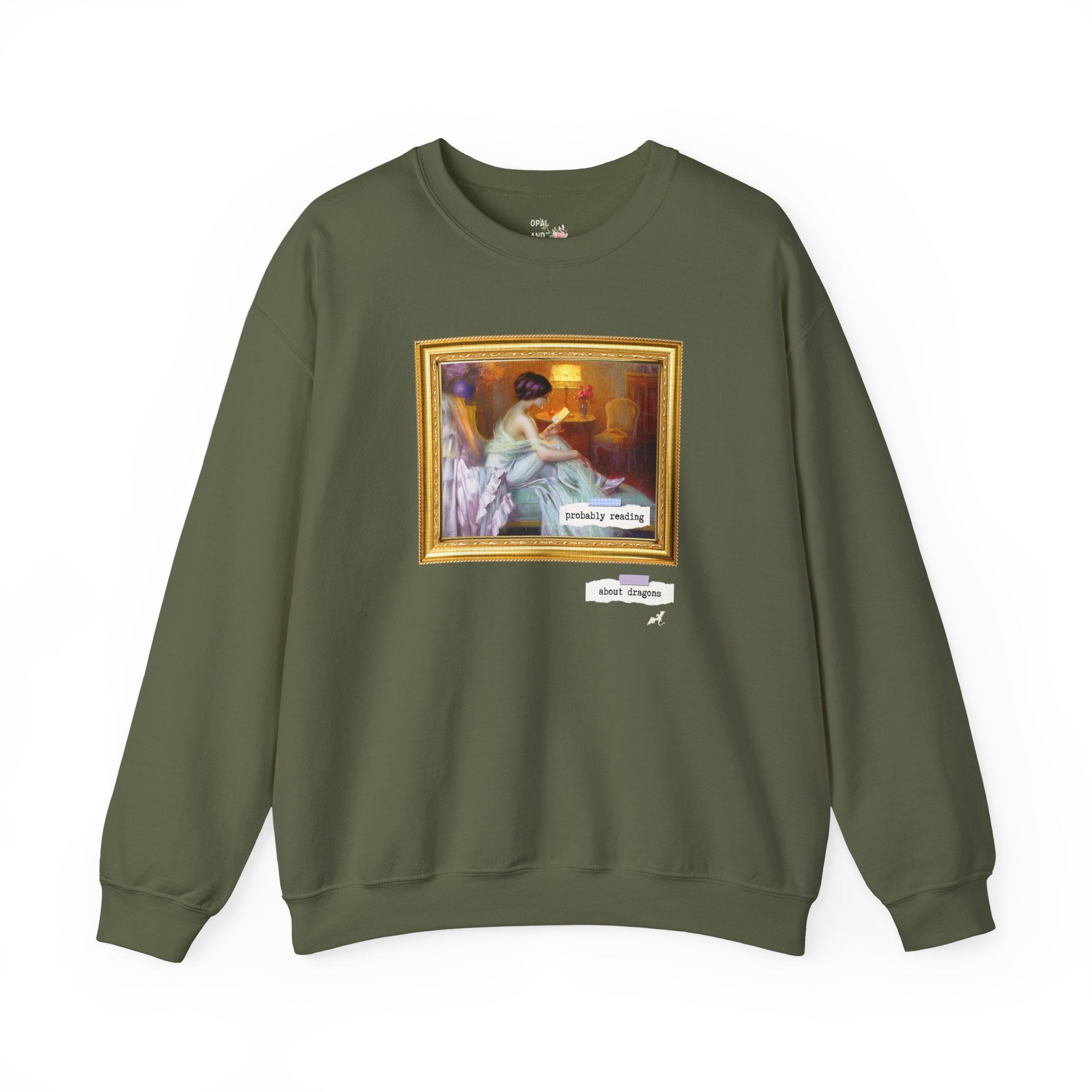 Probably Reading About Dragons: Funny Book Lover Sweatshirt, Romantasy Reader, Fantasy Romance Bookish Crewneck, Delphin Enjolras Painting - Opal and June