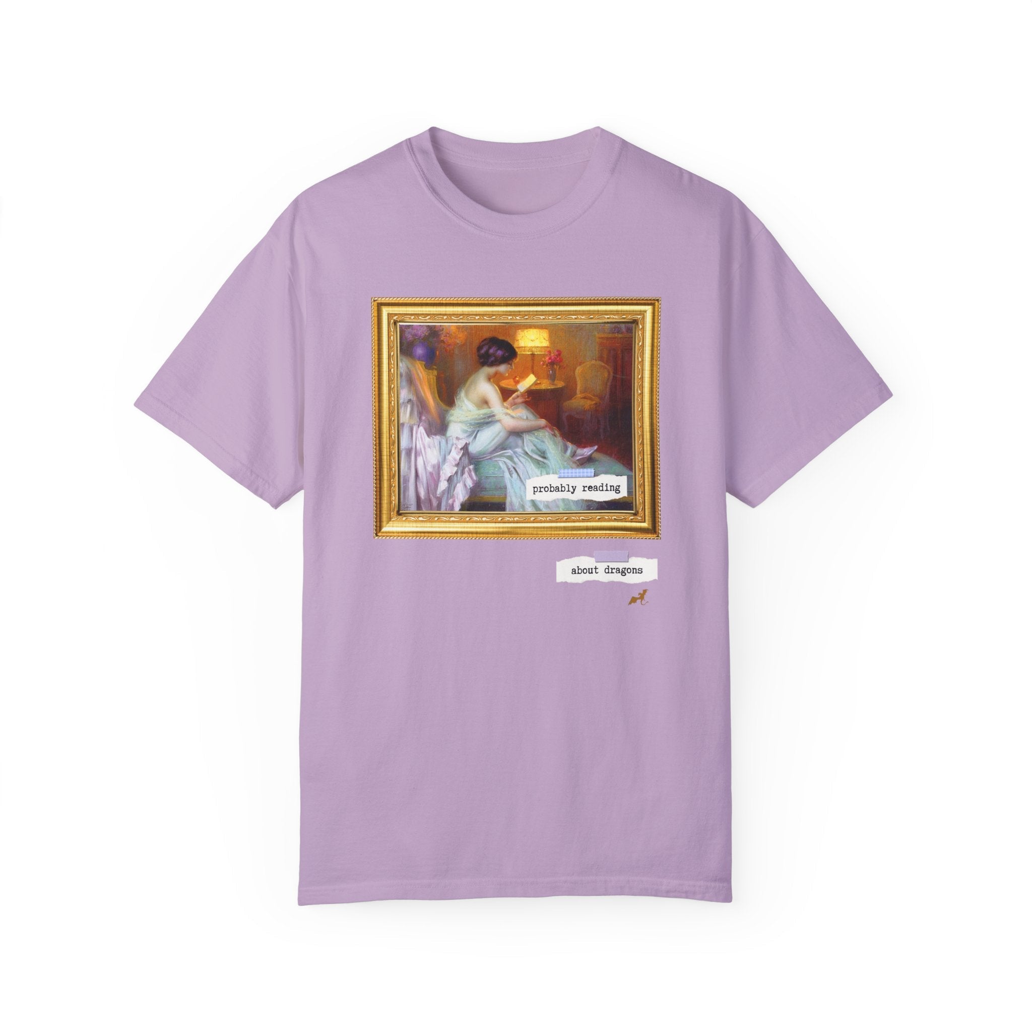 Probably Reading About Dragons: Funny Book Lover Tee Shirt for Romantasy Reader, Fantasy Romance Bookish Tee, Delphin Enjolras Painting - Opal and June