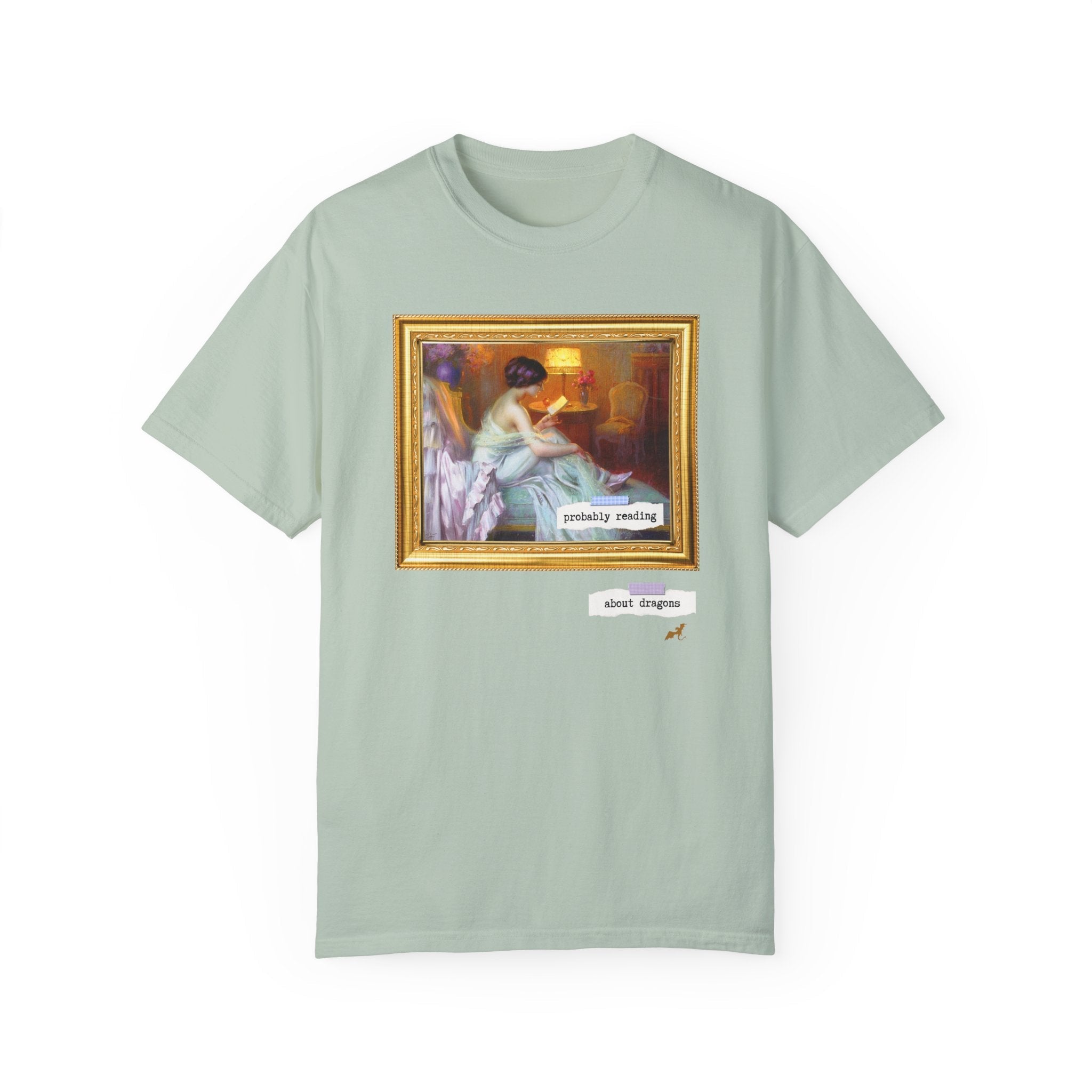 Probably Reading About Dragons: Funny Book Lover Tee Shirt for Romantasy Reader, Fantasy Romance Bookish Tee, Delphin Enjolras Painting - Opal and June