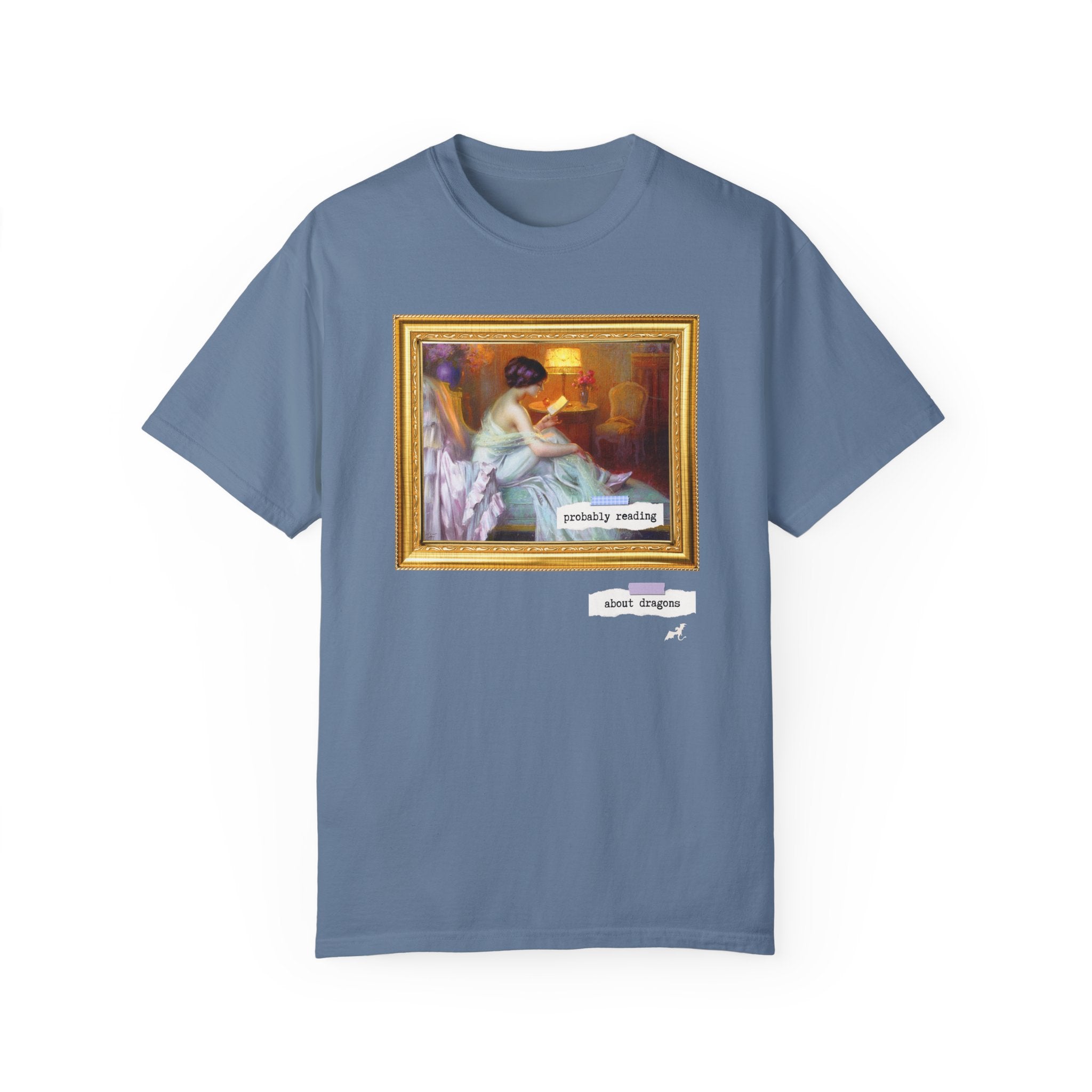 Probably Reading About Dragons: Funny Book Lover Tee Shirt for Romantasy Reader, Fantasy Romance Bookish Tee, Delphin Enjolras Painting - Opal and June