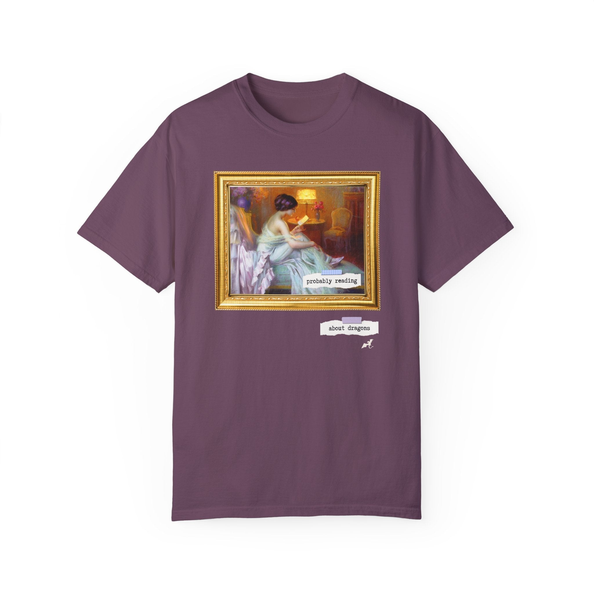 Probably Reading About Dragons: Funny Book Lover Tee Shirt for Romantasy Reader, Fantasy Romance Bookish Tee, Delphin Enjolras Painting - Opal and June