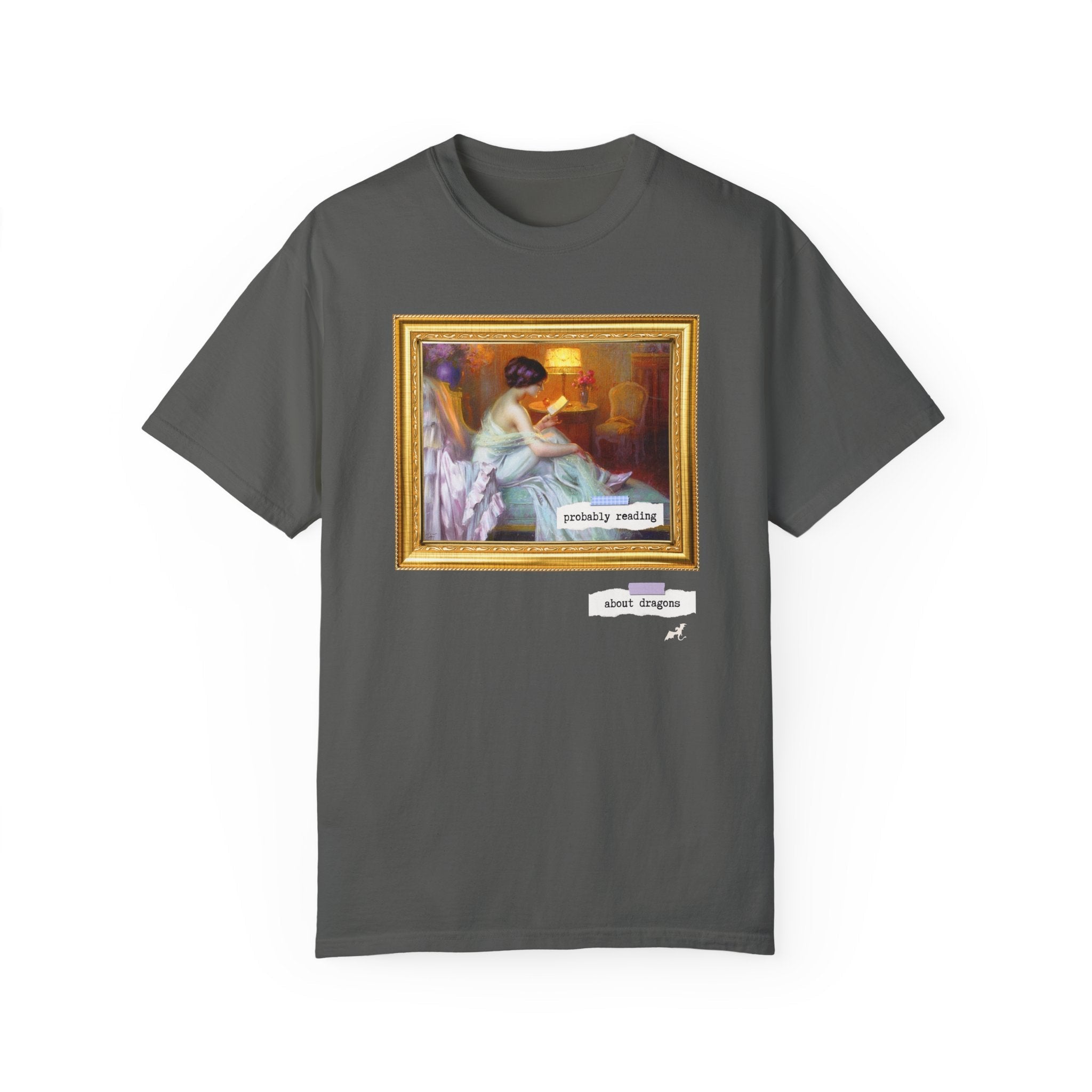 Probably Reading About Dragons: Funny Book Lover Tee Shirt for Romantasy Reader, Fantasy Romance Bookish Tee, Delphin Enjolras Painting - Opal and June