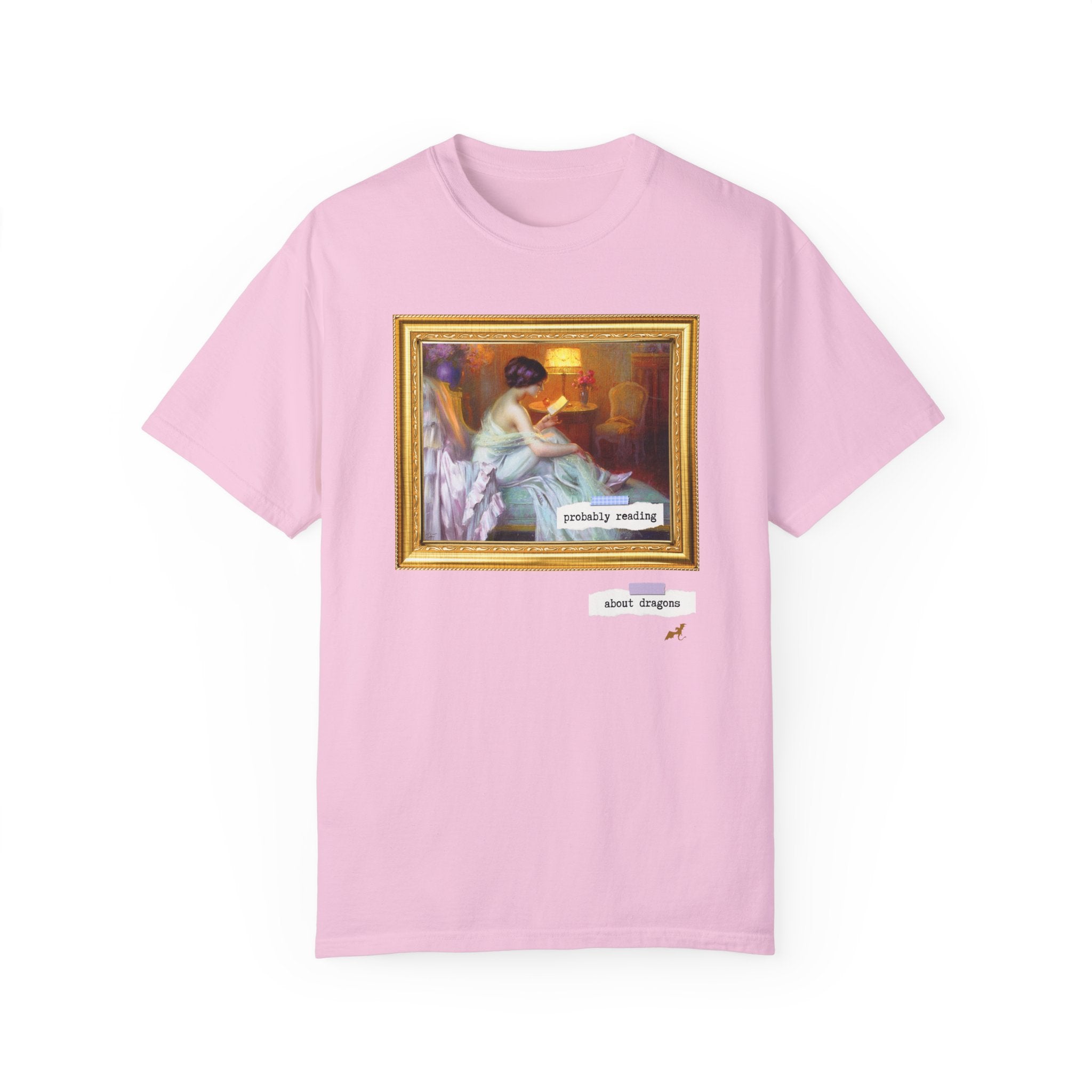 Probably Reading About Dragons: Funny Book Lover Tee Shirt for Romantasy Reader, Fantasy Romance Bookish Tee, Delphin Enjolras Painting - Opal and June
