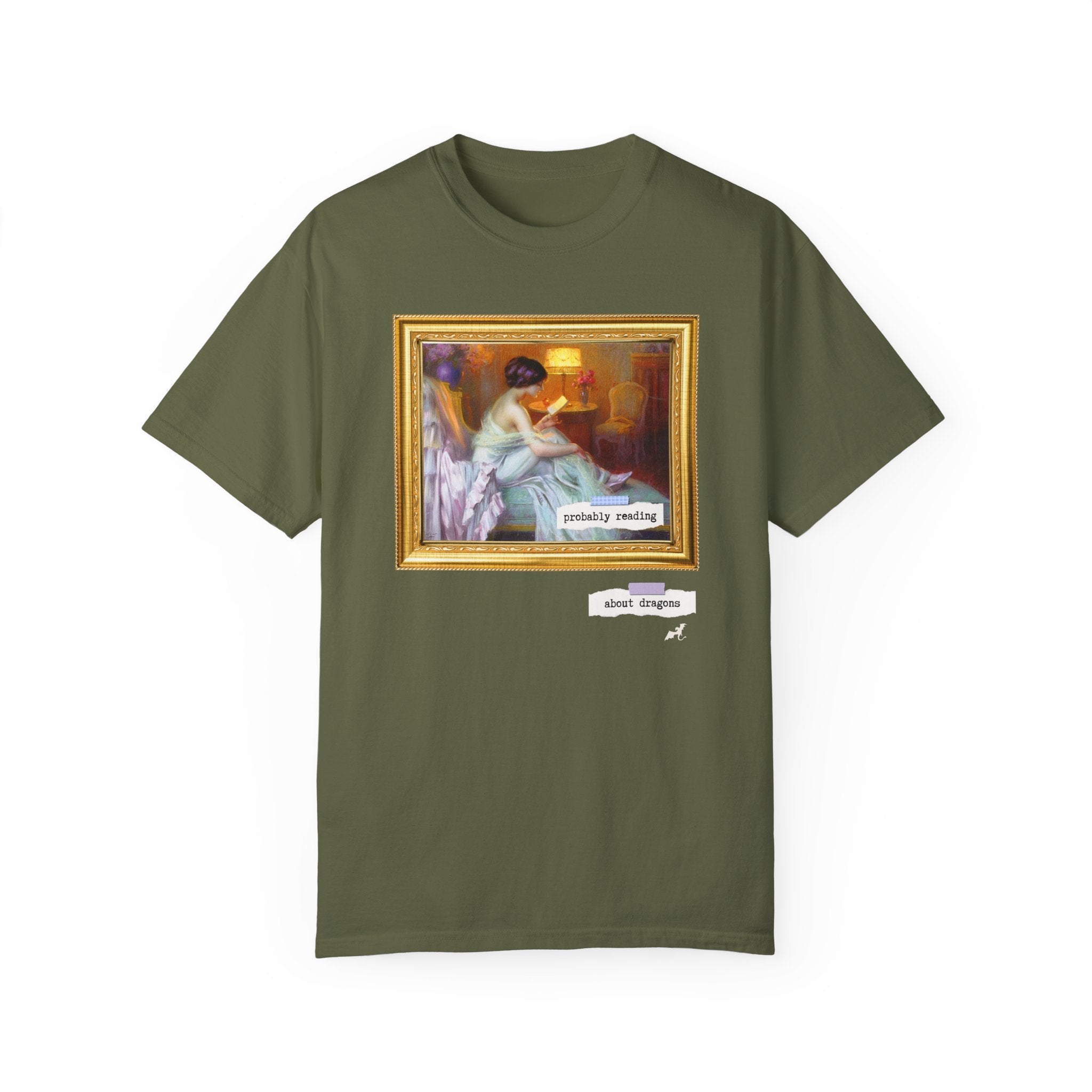 Probably Reading About Dragons: Funny Book Lover Tee Shirt for Romantasy Reader, Fantasy Romance Bookish Tee, Delphin Enjolras Painting - Opal and June