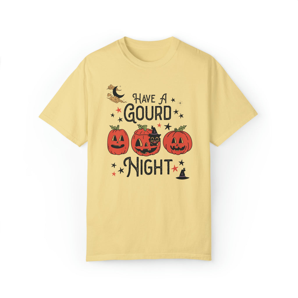 Punny Halloween Shirt with Witchy Cat and Stars: Have A Gourd Night - Opal and June