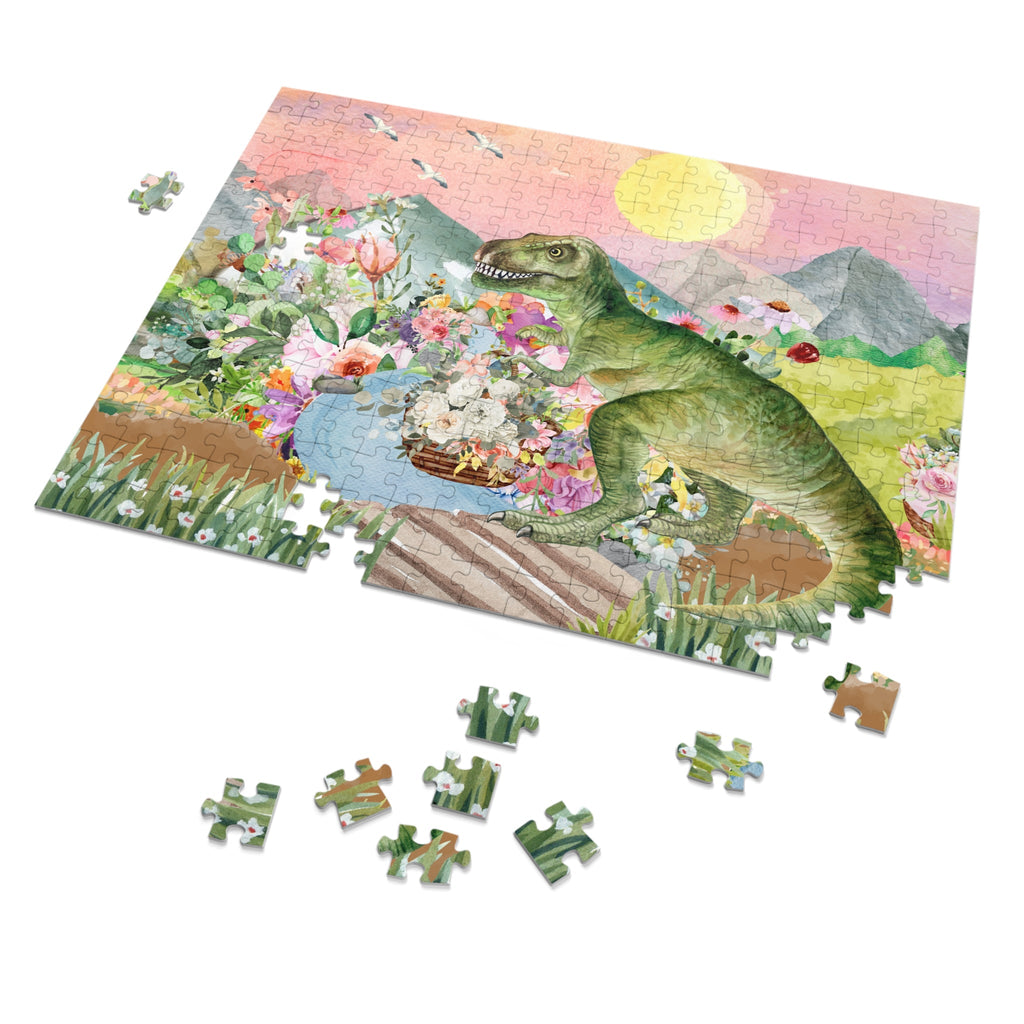 Puzzle of Dinosaur with Flowers: Funny Unique Puzzle of T - Rex Crossing a Bridge - Opal and June