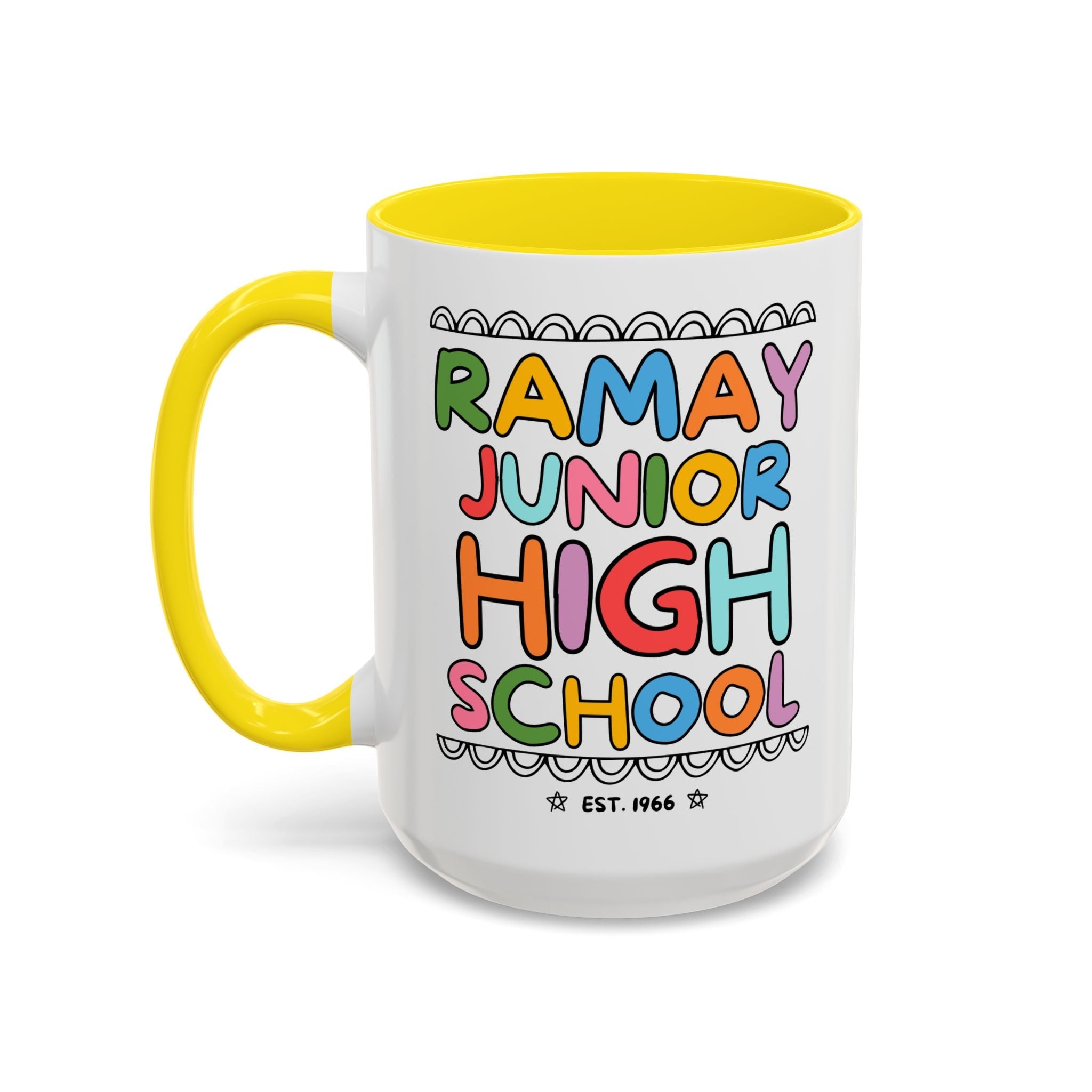 Ramay Junior High School 15 Oz Coffee Mug: Rainbow Letters - Opal and June