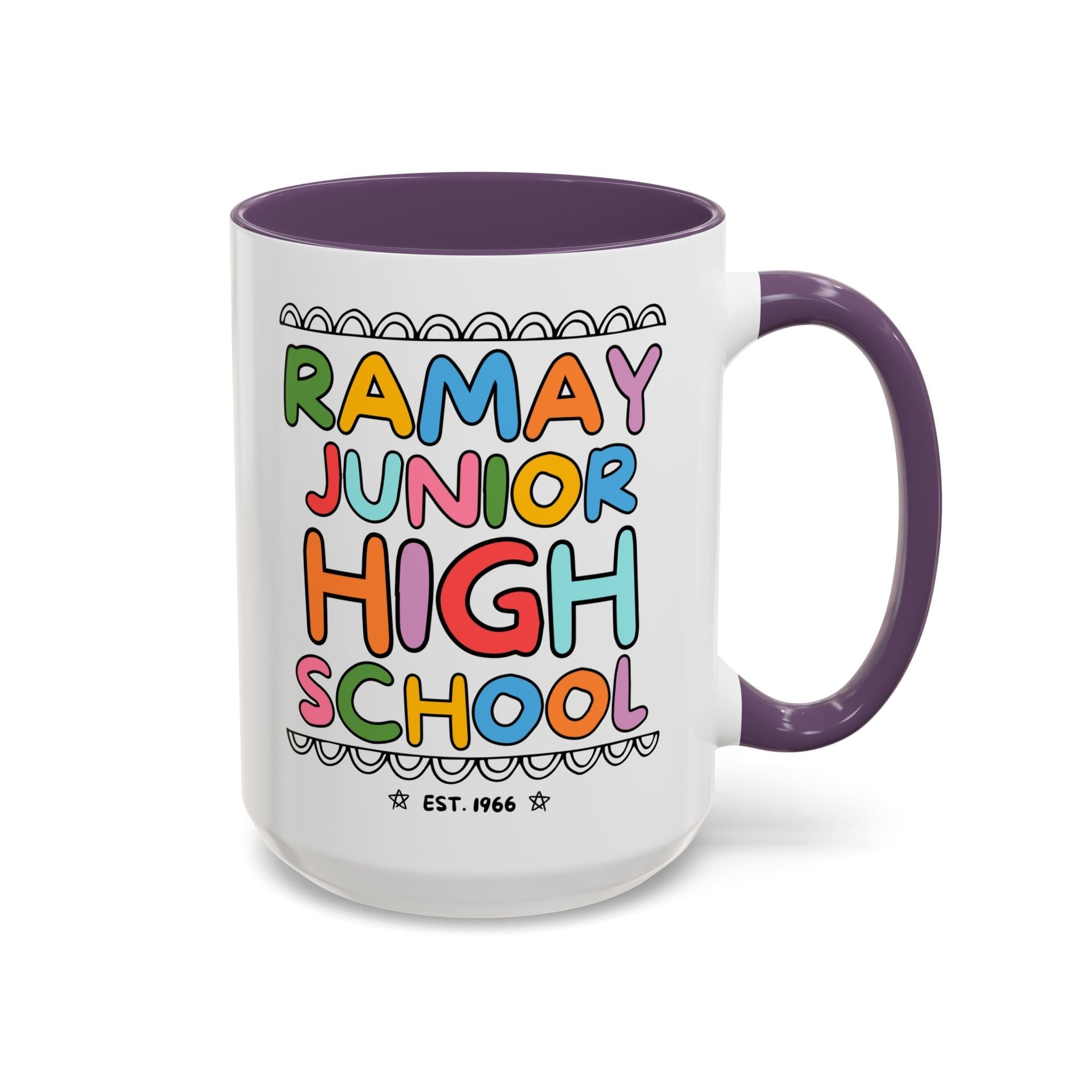 Ramay Junior High School 15 Oz Coffee Mug: Rainbow Letters - Opal and June
