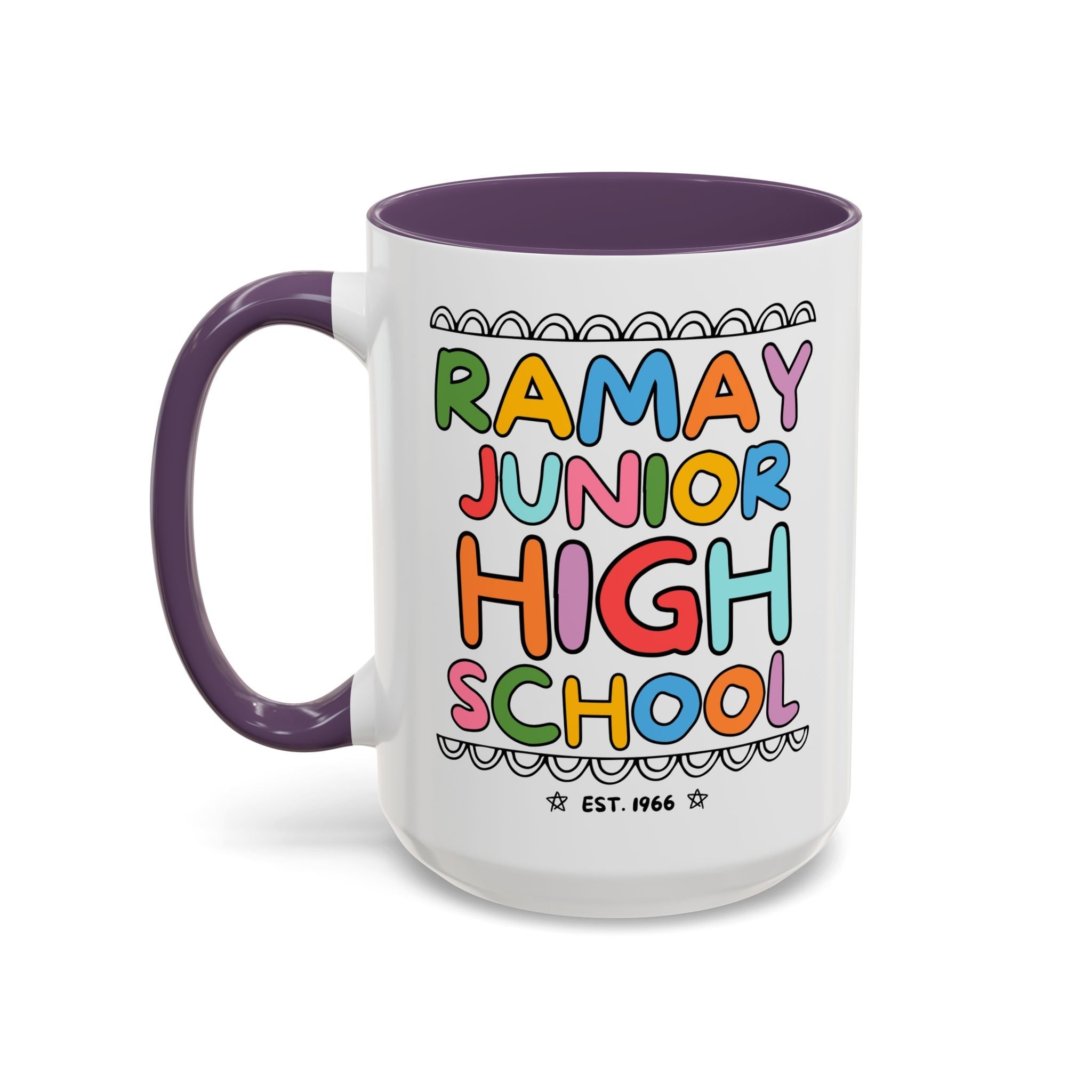 Ramay Junior High School 15 Oz Coffee Mug: Rainbow Letters - Opal and June