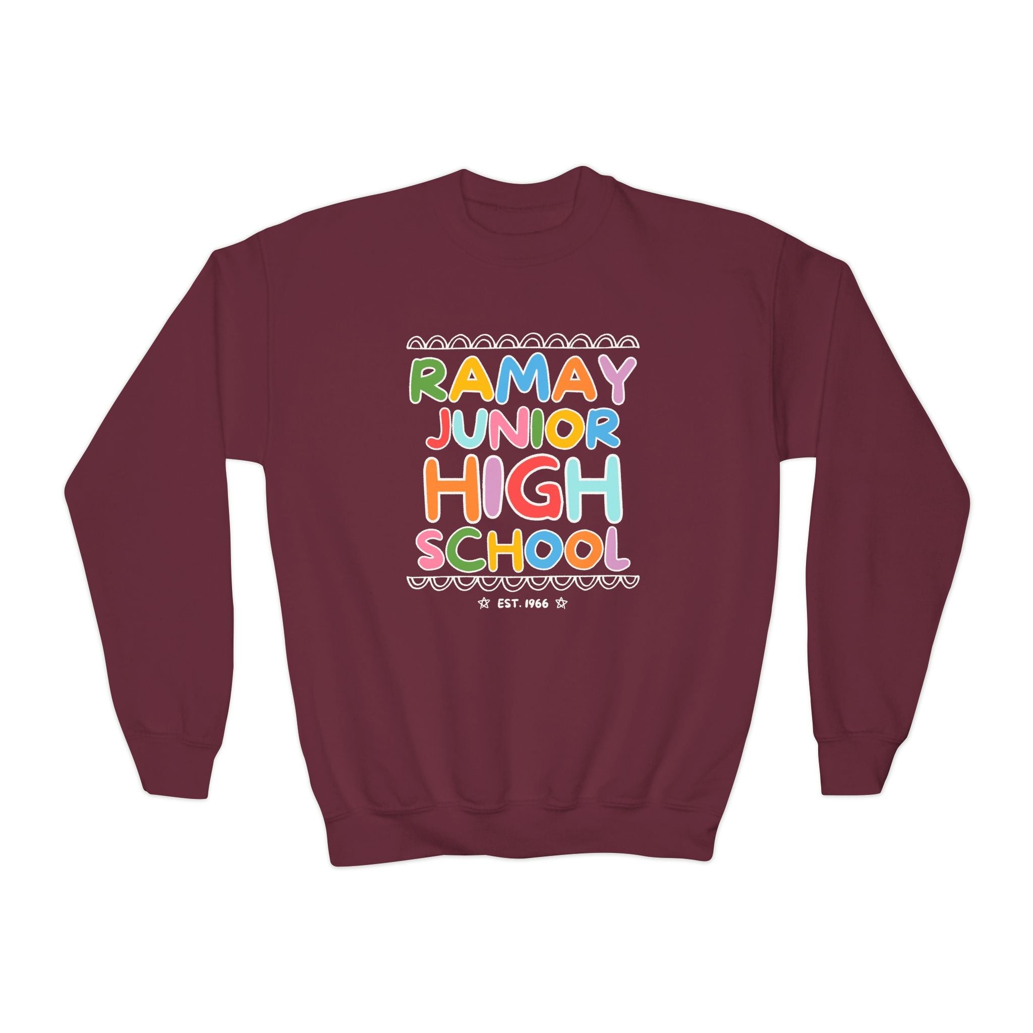 Ramay Junior High School Kids Sweatshirt: Rainbow Letters - Opal and June