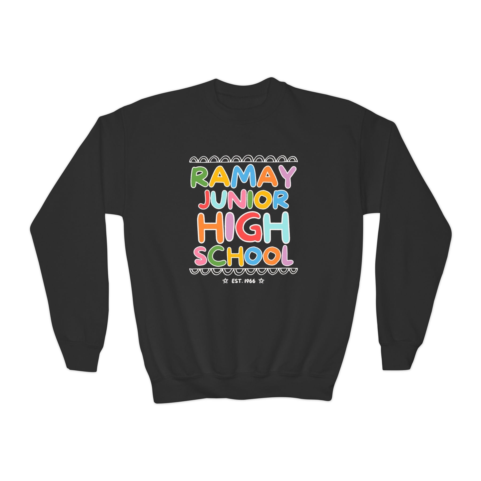 Ramay Junior High School Kids Sweatshirt: Rainbow Letters - Opal and June