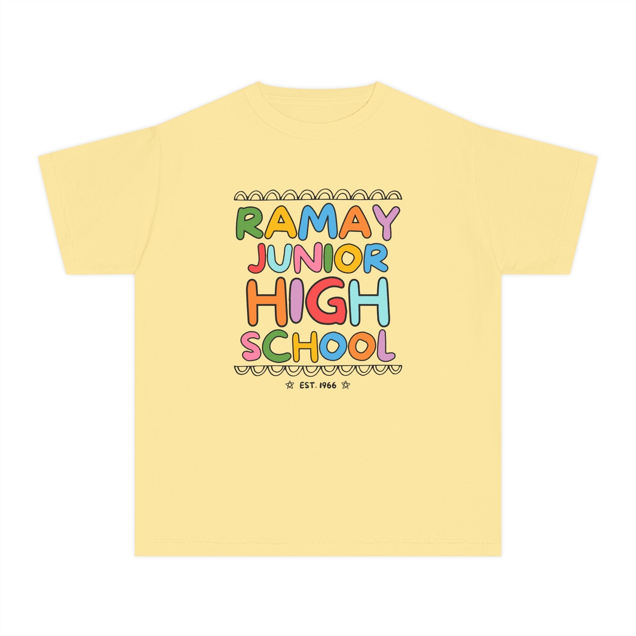 Ramay Junior High School Kids Tee Shirt: Rainbow Letters - Opal and June