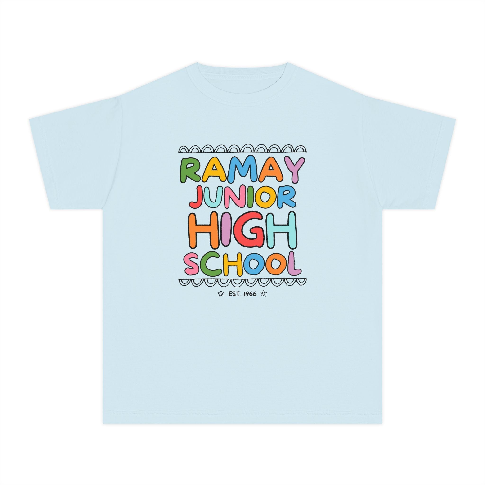 Ramay Junior High School Kids Tee Shirt: Rainbow Letters - Opal and June