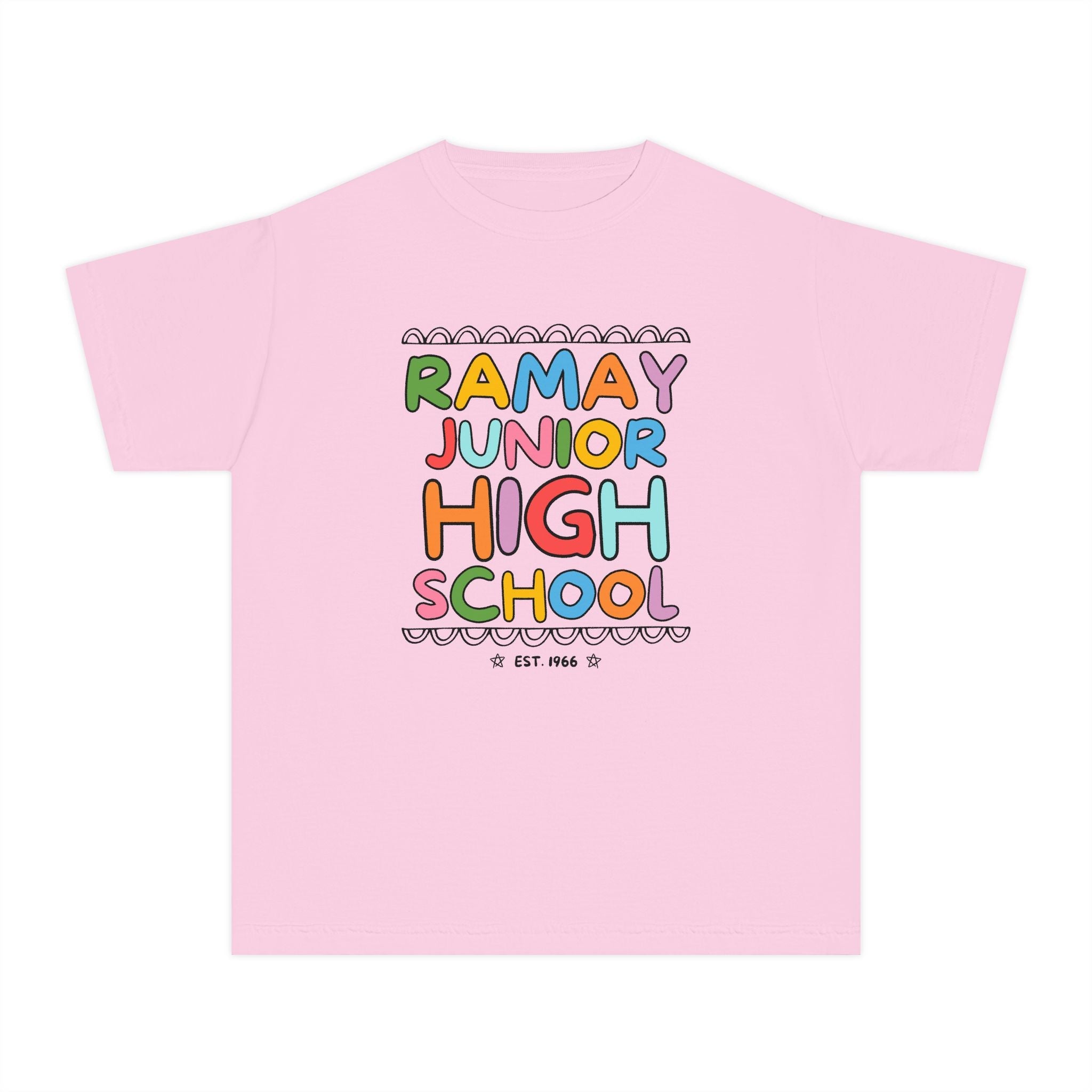Ramay Junior High School Kids Tee Shirt: Rainbow Letters - Opal and June