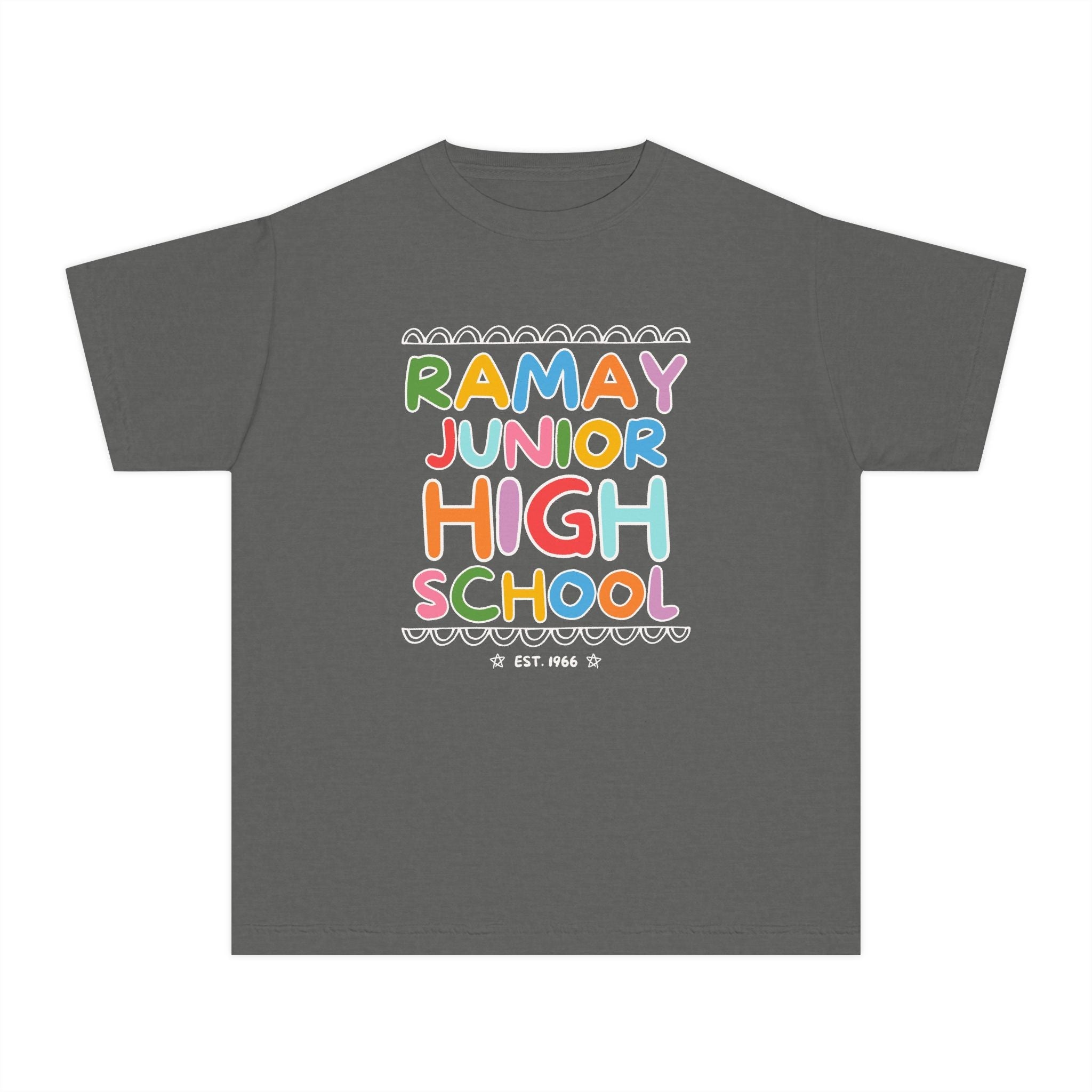 Ramay Junior High School Kids Tee Shirt: Rainbow Letters - Opal and June
