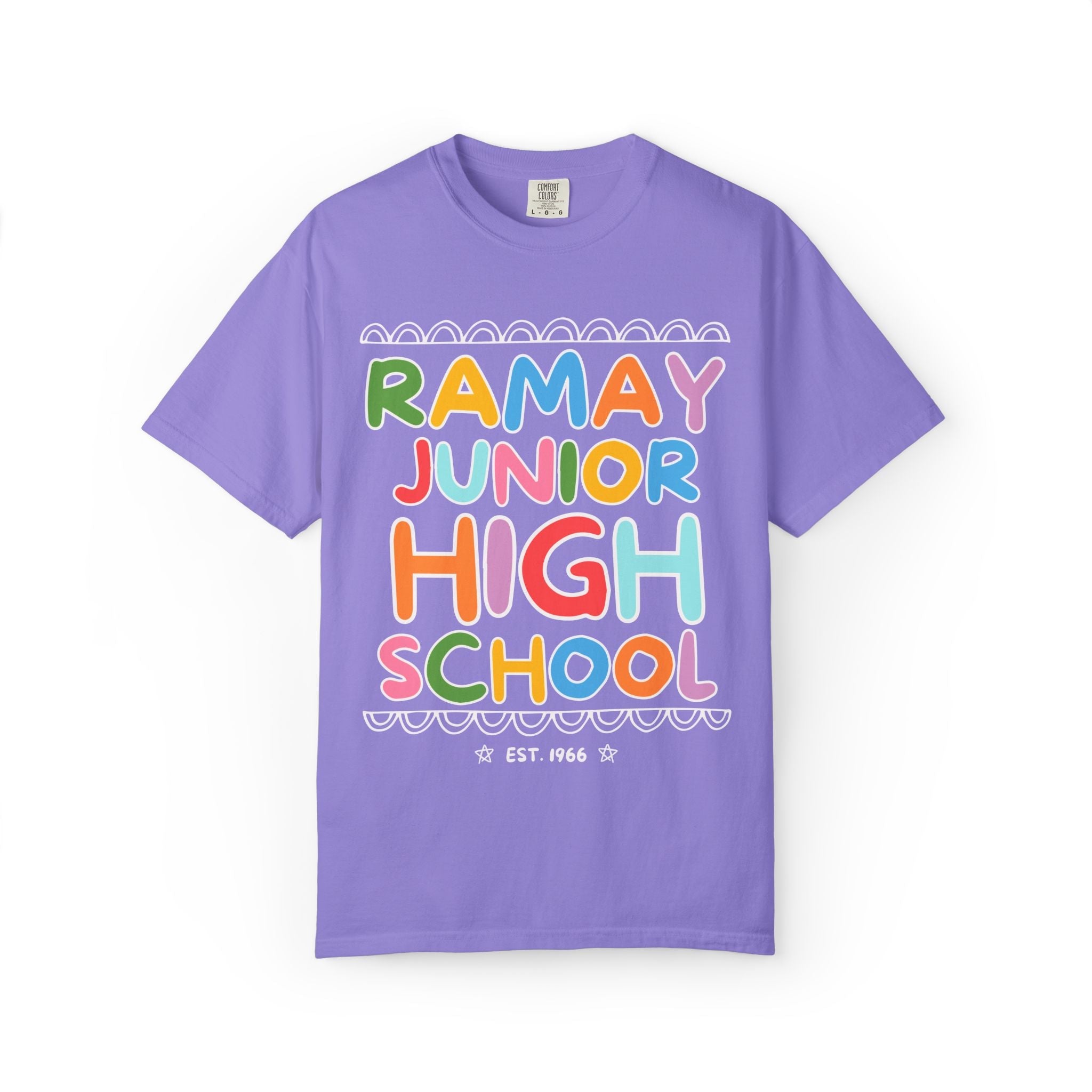 Ramay Junior High School Tee Shirt: Rainbow Letters - Opal and June