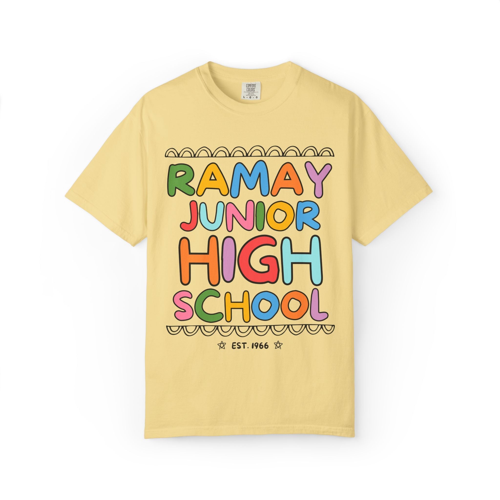 Ramay Junior High School Tee Shirt: Rainbow Letters - Opal and June