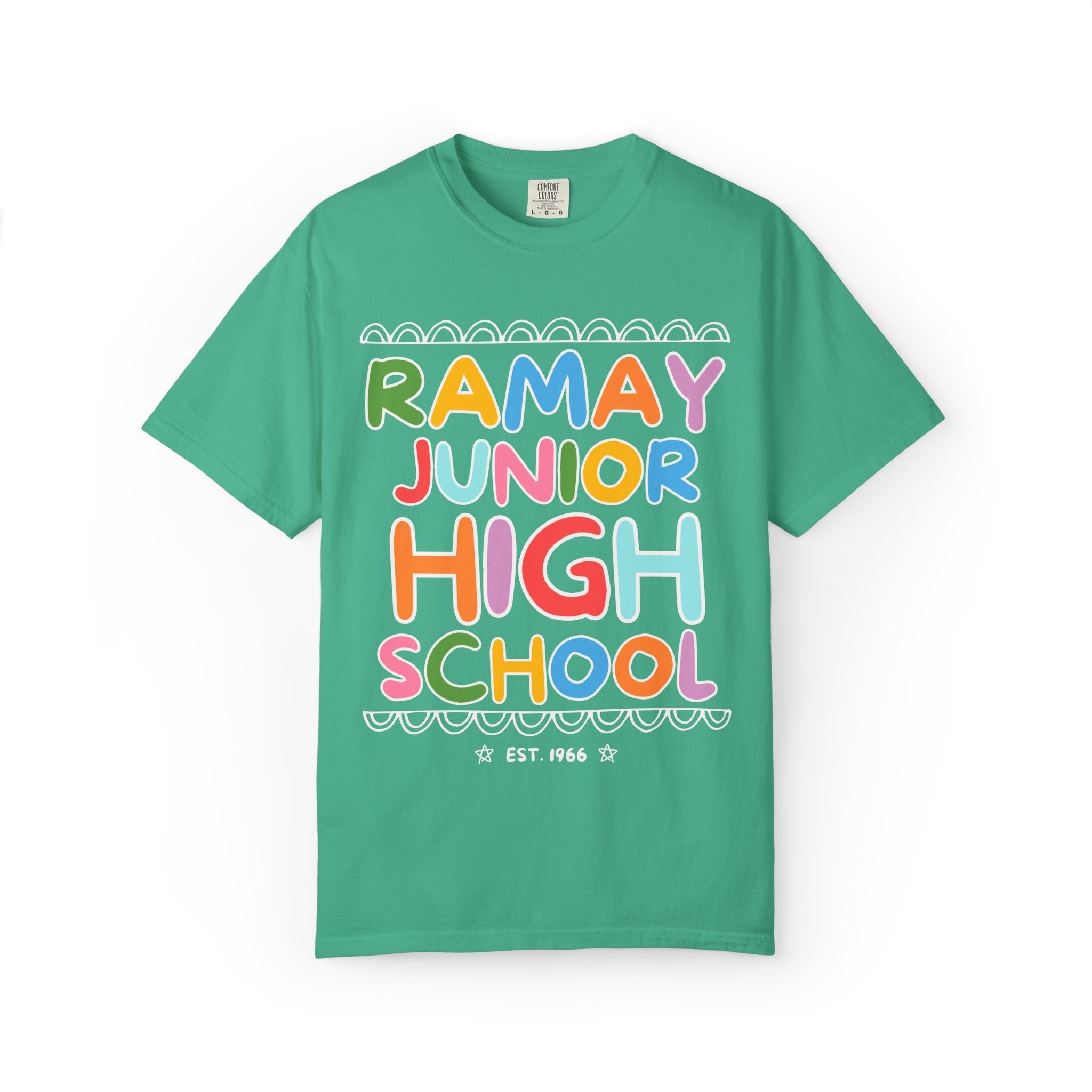Ramay Junior High School Tee Shirt: Rainbow Letters - Opal and June