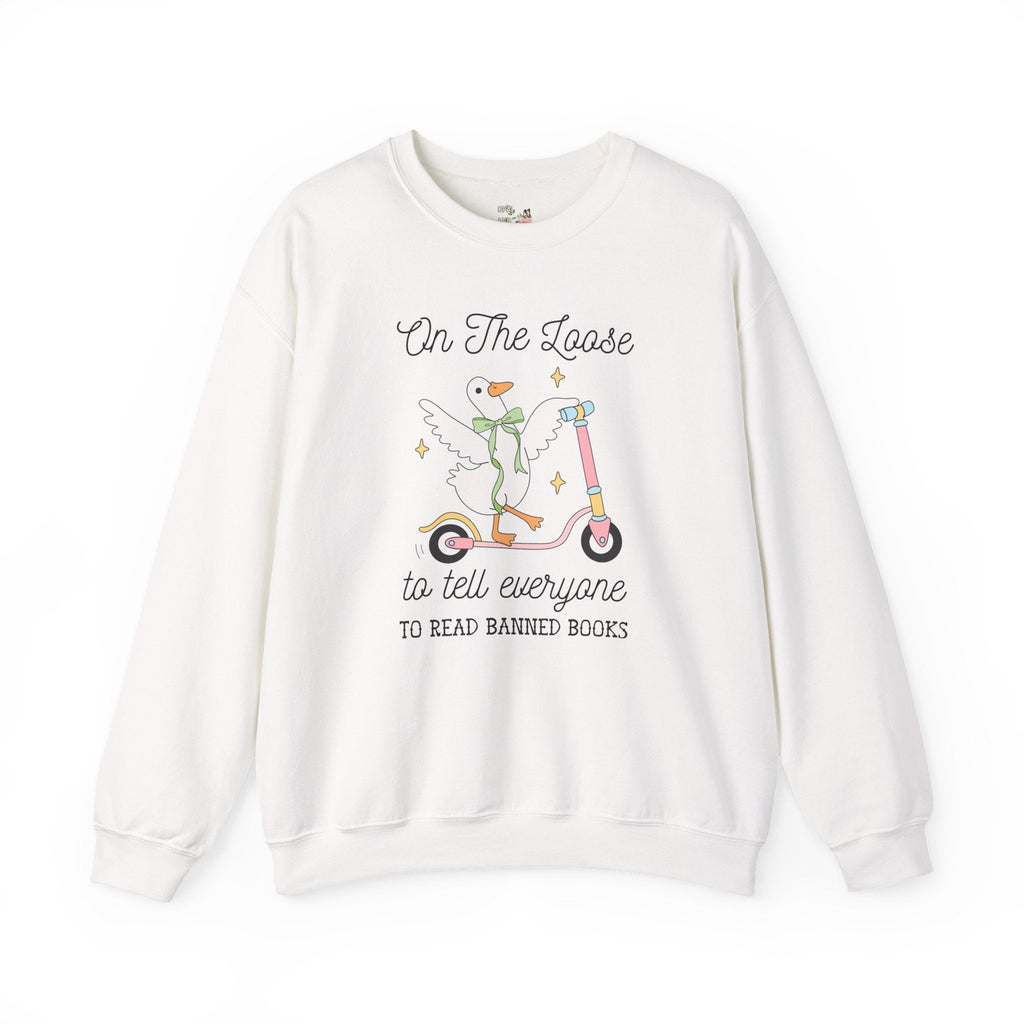 Read Banned Books Book Lover Sweatshirt with Silly Goose Wearing Cute Coquette Bow, Cute Bookish Crewneck for Leftist Bookworm or Librarian - Opal and June