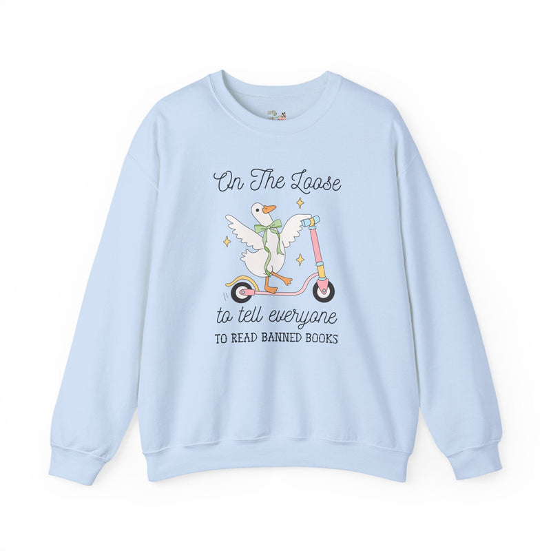 Read Banned Books Book Lover Sweatshirt with Silly Goose Wearing Cute Coquette Bow, Cute Bookish Crewneck for Leftist Bookworm or Librarian - Opal and June