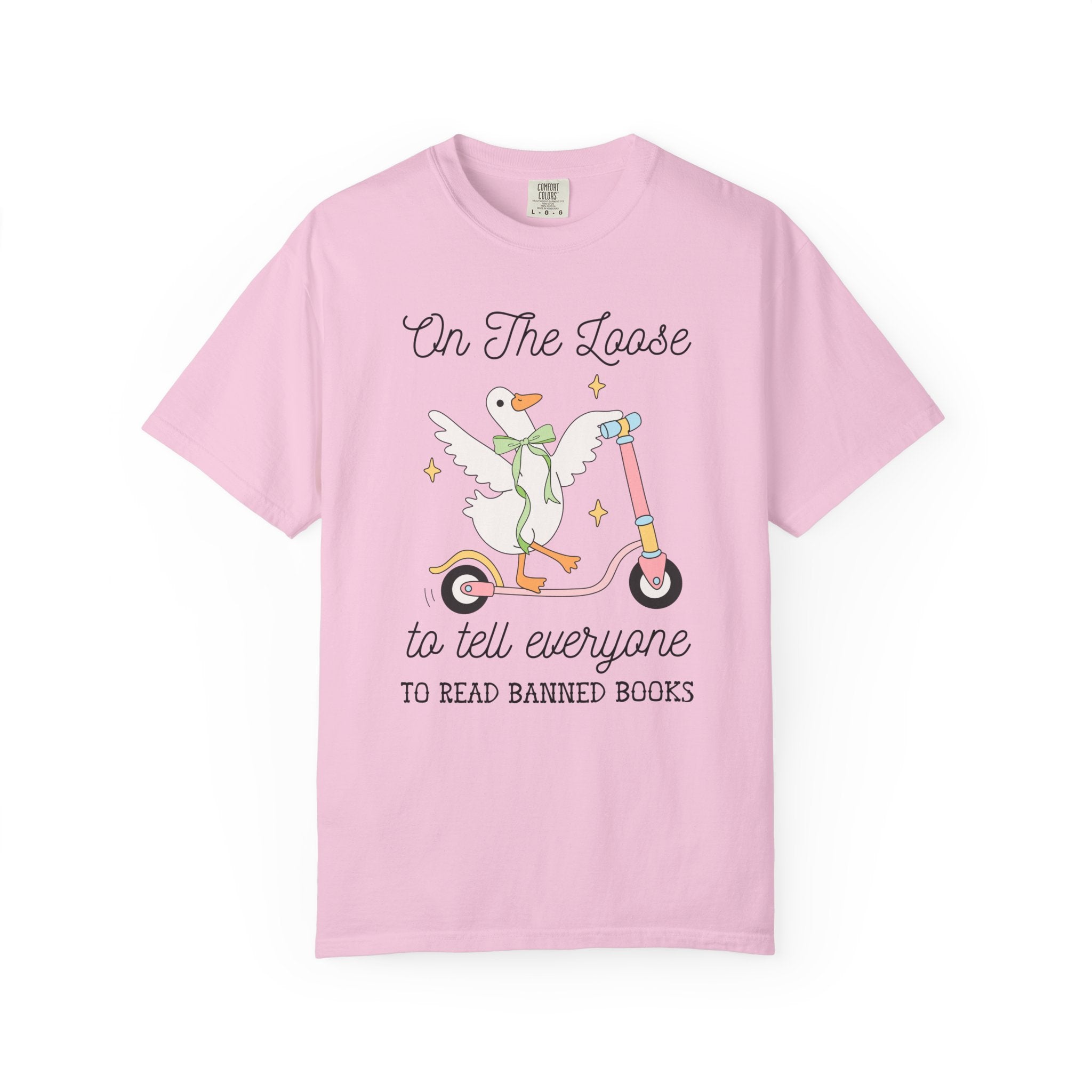 Read Banned Books Book Lover Tee Shirt with Silly Goose Wearing Cute Coquette Bow, Cute Bookish T-Shirt for Leftist Bookworm or Librarian - Opal and June