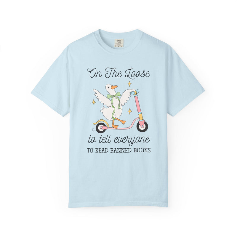 Read Banned Books Book Lover Tee Shirt with Silly Goose Wearing Cute Coquette Bow, Cute Bookish T-Shirt for Leftist Bookworm or Librarian - Opal and June