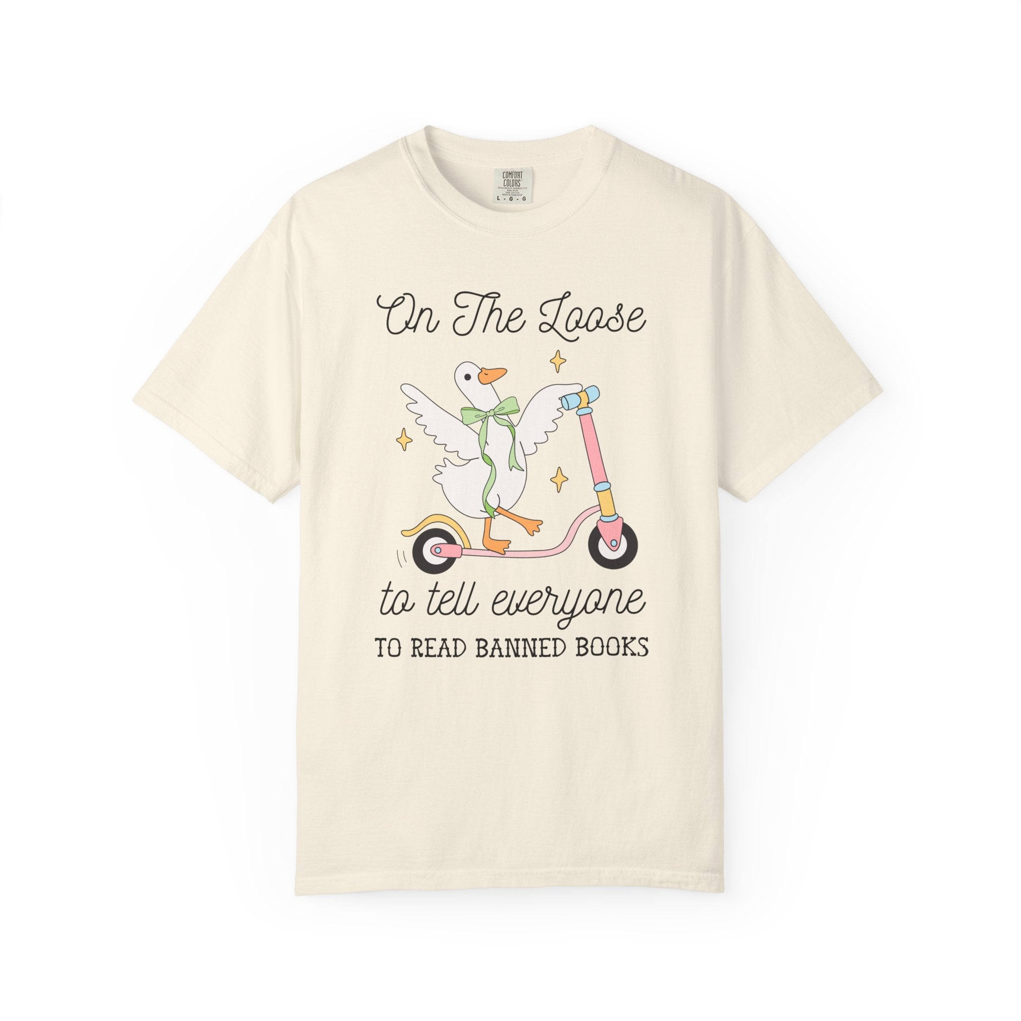 Read Banned Books Book Lover Tee Shirt with Silly Goose Wearing Cute Coquette Bow, Cute Bookish T-Shirt for Leftist Bookworm or Librarian - Opal and June